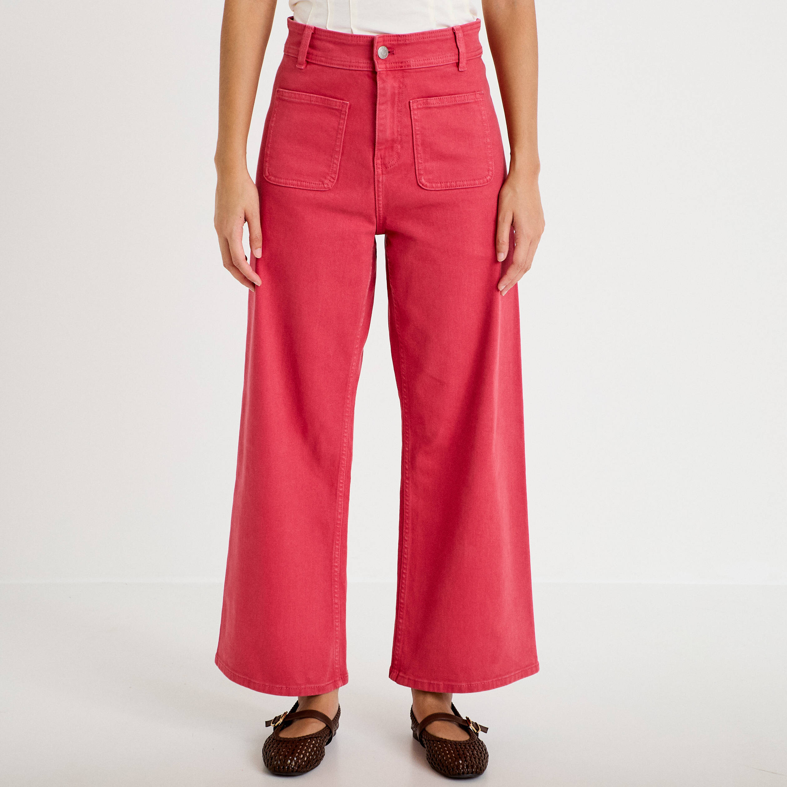 Jean bootcut cropped taille haute rose framboise femme