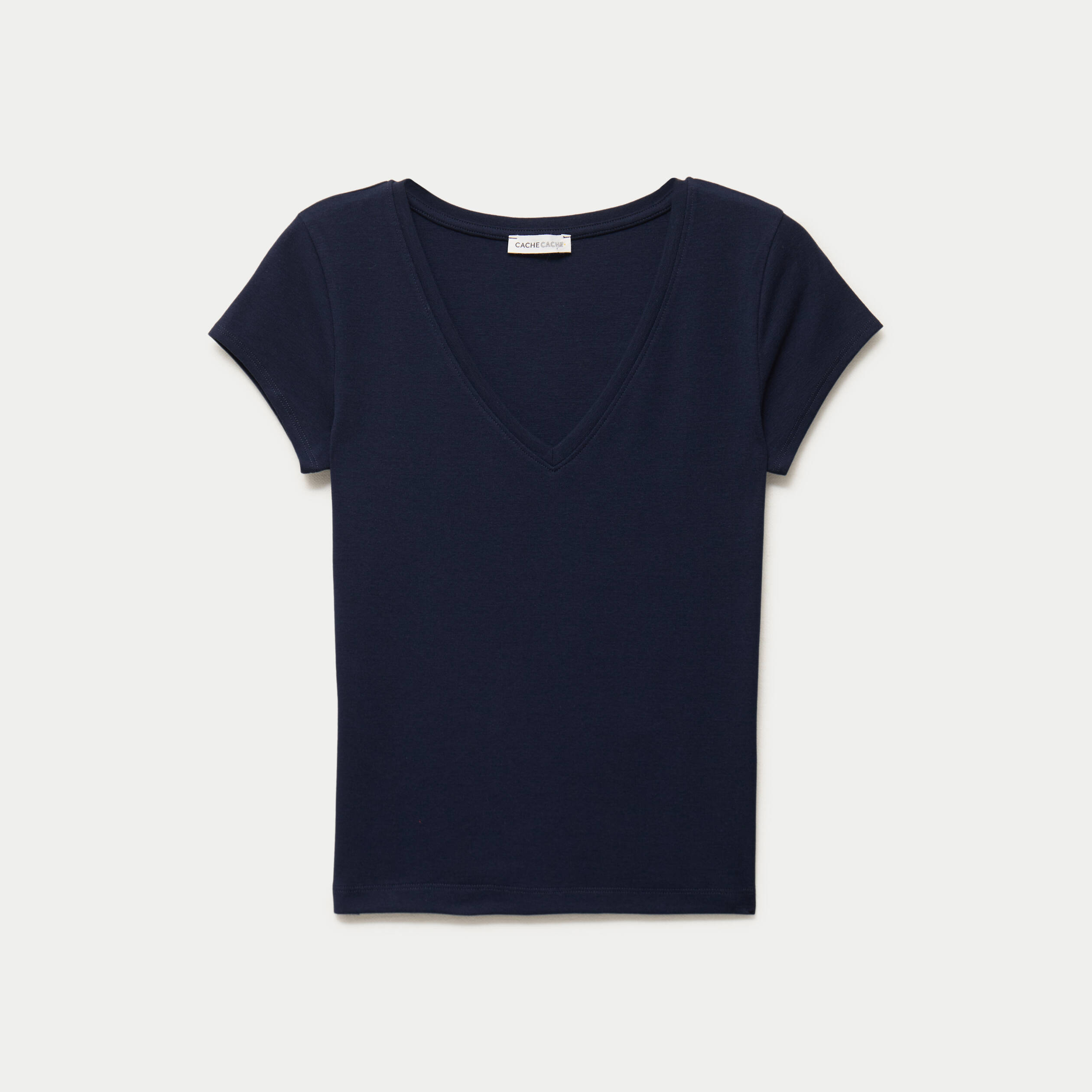 T-shirt ajust&eacute; col v manches courtes bleu marine femme