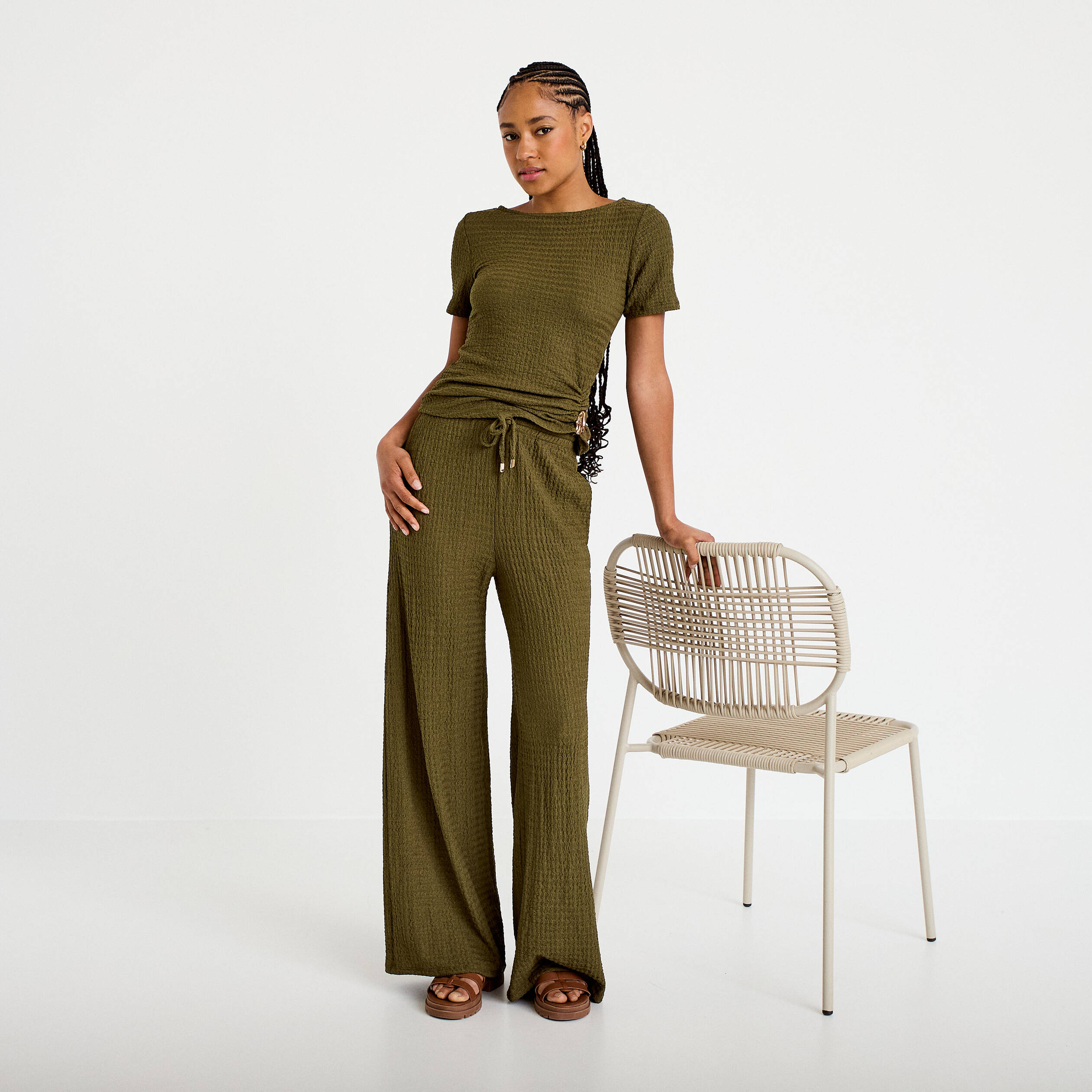 Pantalon large taille standard vert kaki femme