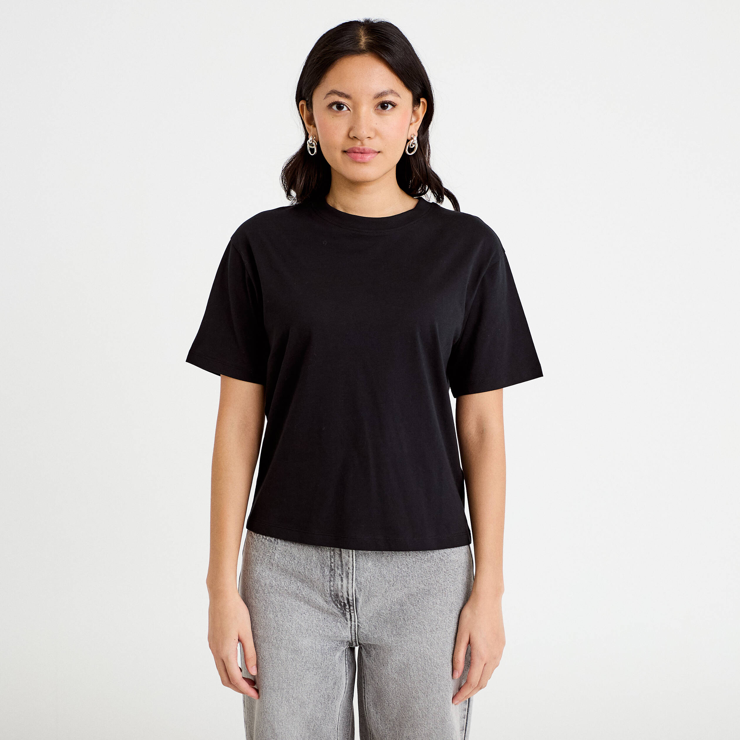 T-shirt col rond manches courtes noir femme