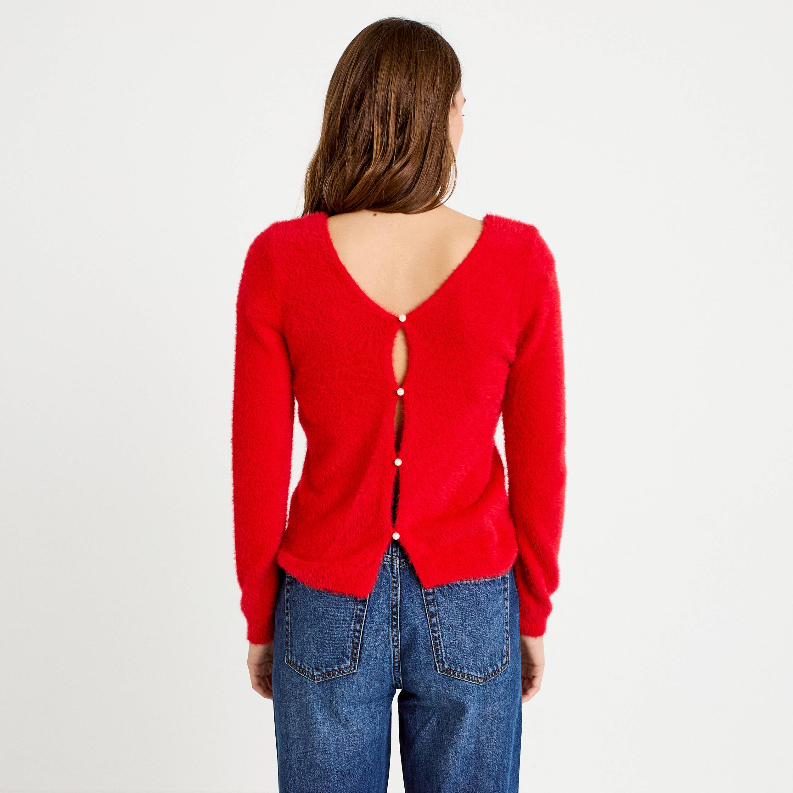Pull col v manches longues rouge femme