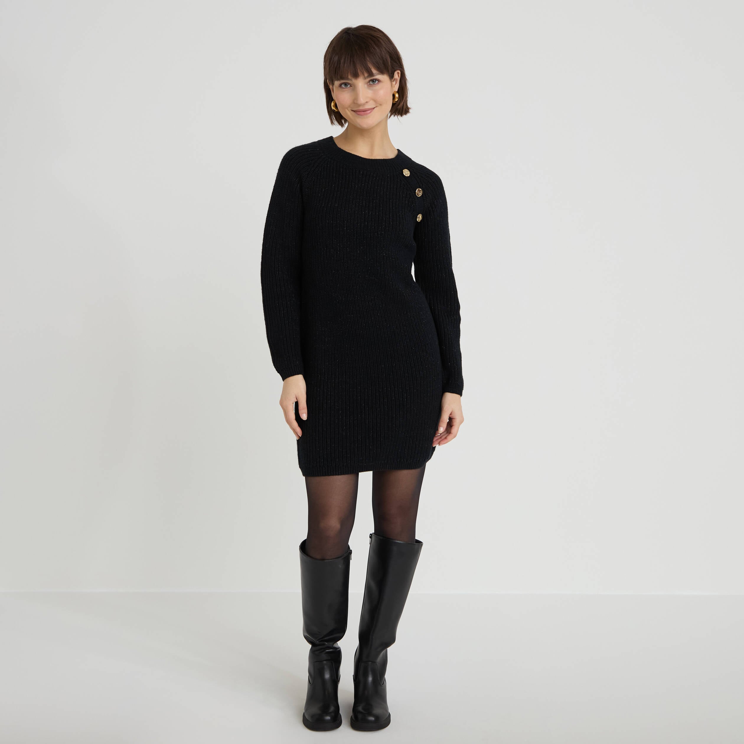 Robe pull d&eacute;tails de boutons noir femme