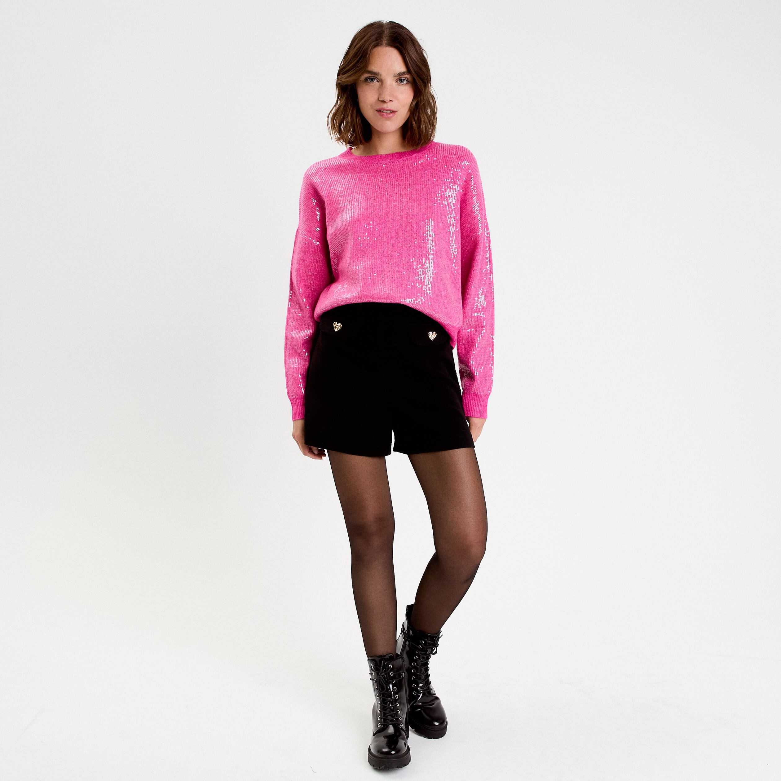 Pull manches longues avec sequins rose fushia femme