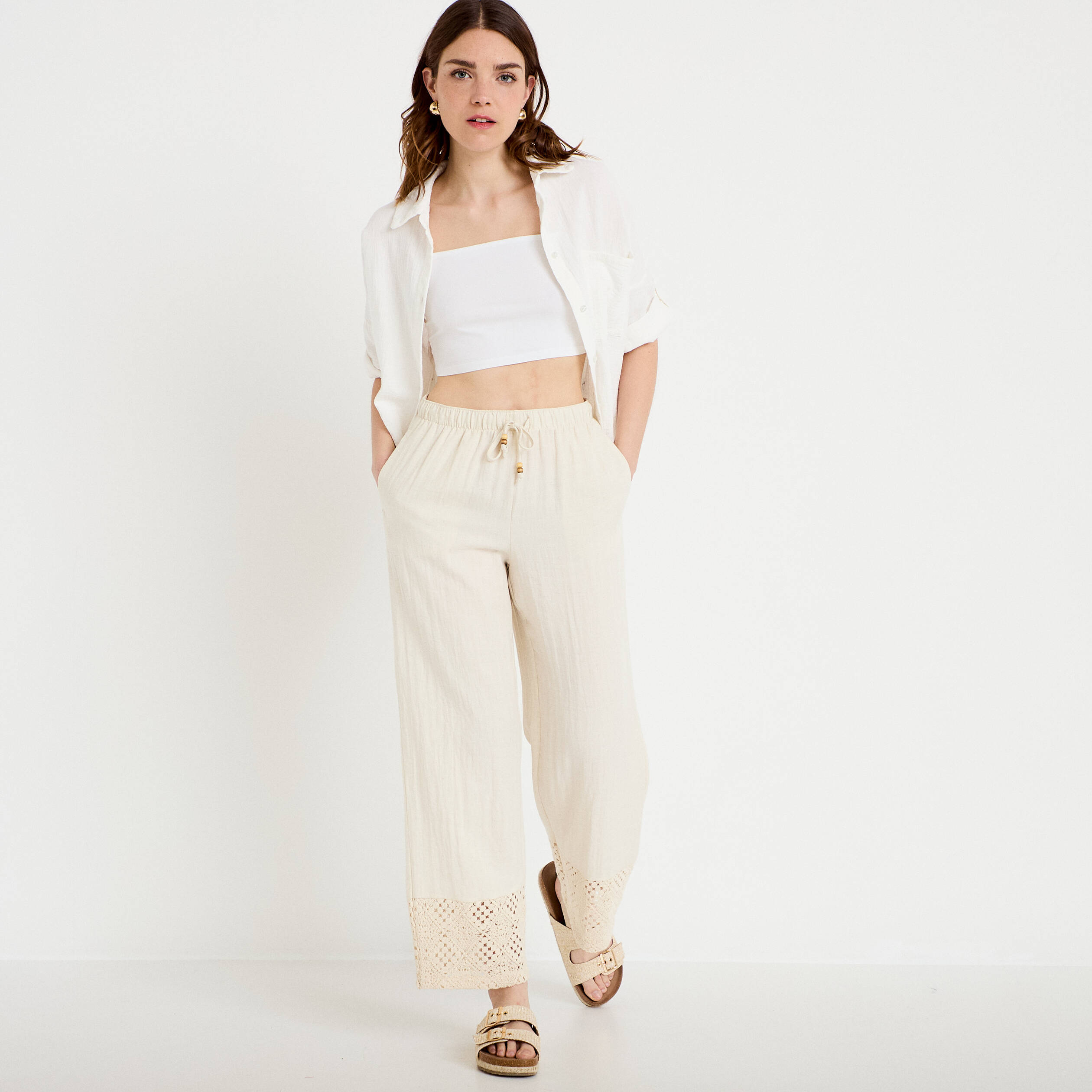 Pantalon large bi-mati&egrave;re pliss&eacute; ecru femme