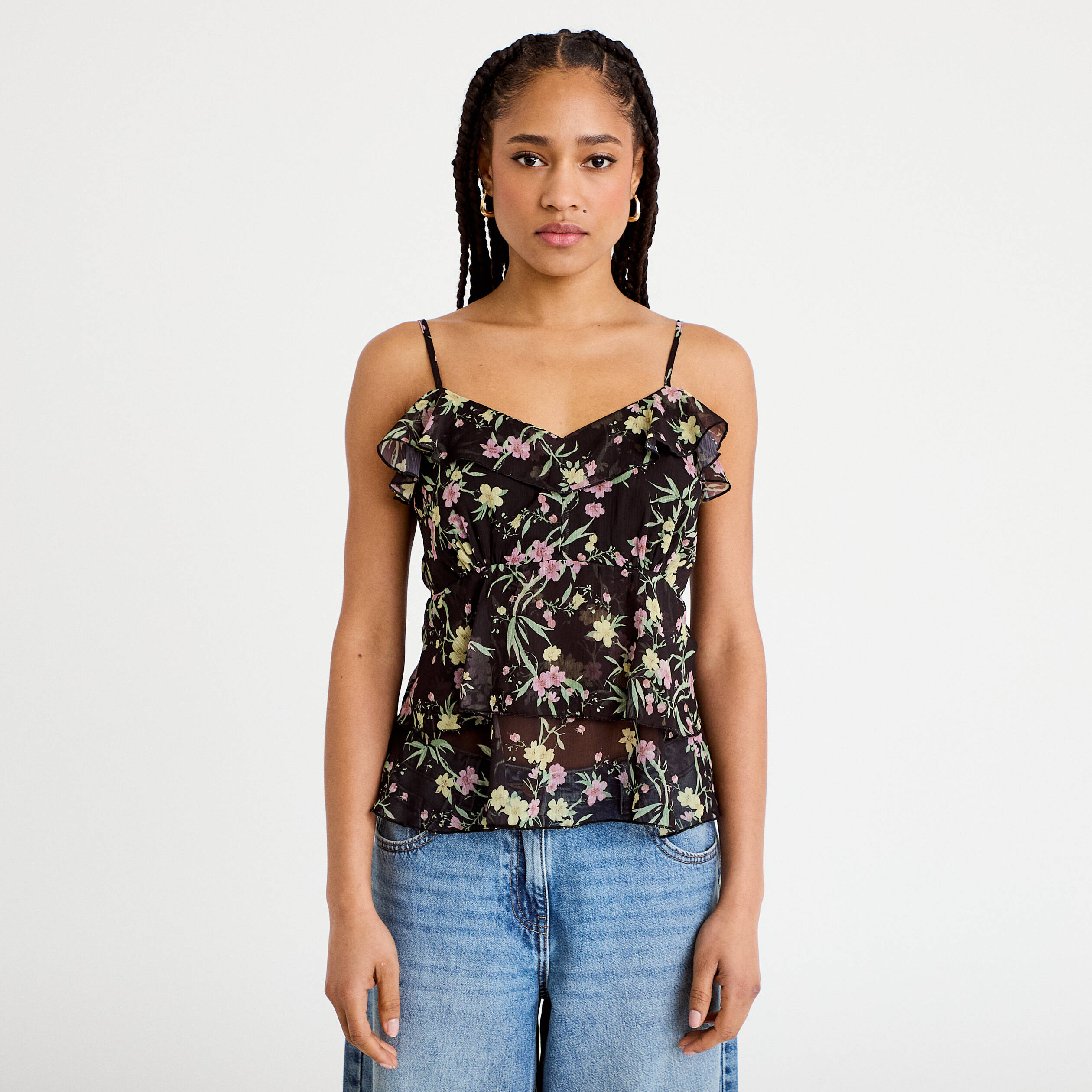 Top fines bretelles voile col v noir femme