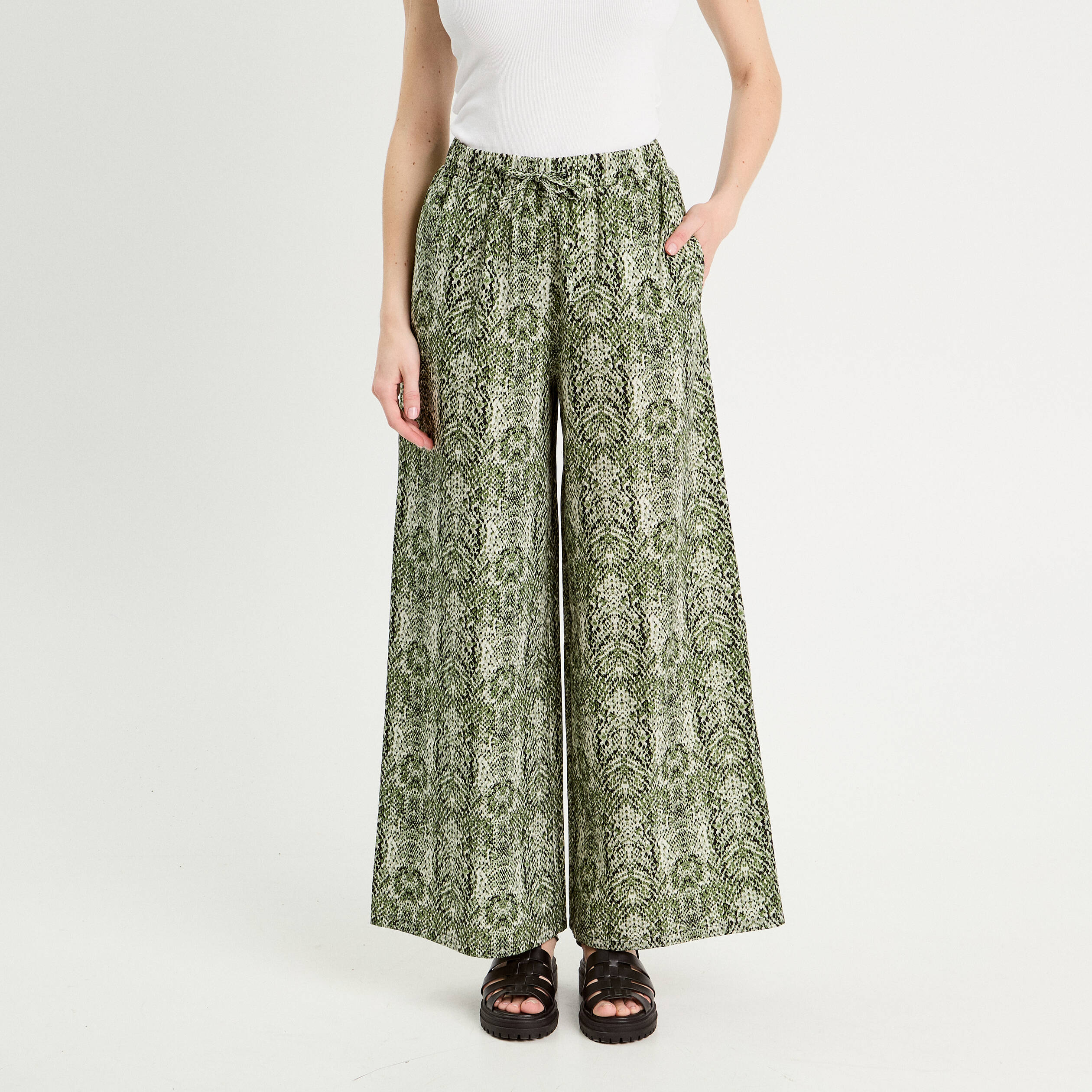 Pantalon large taille haute vert kaki femme
