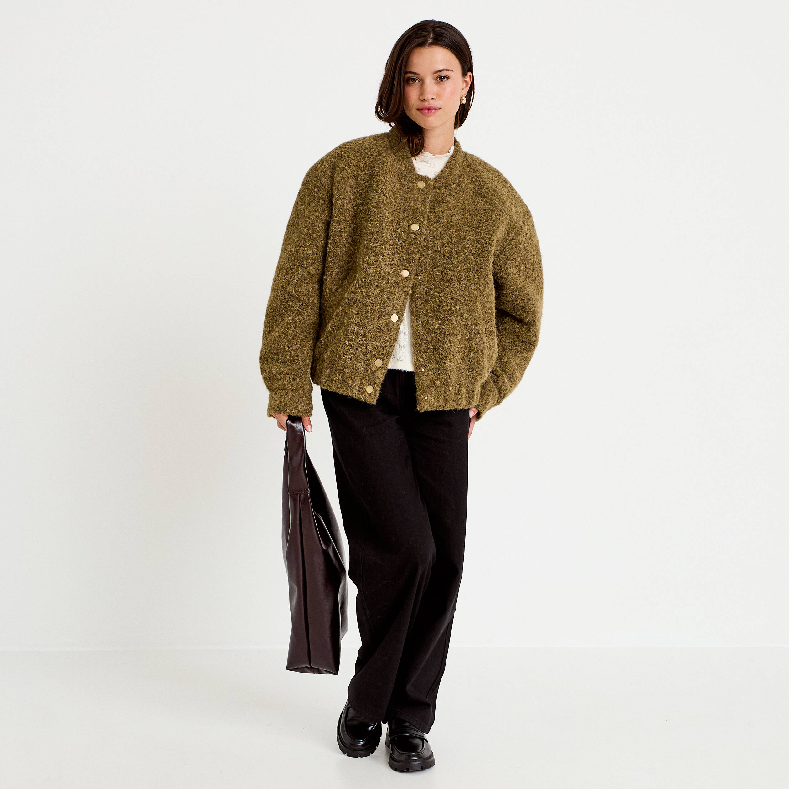 Bomber oversize manches longues vert kaki femme