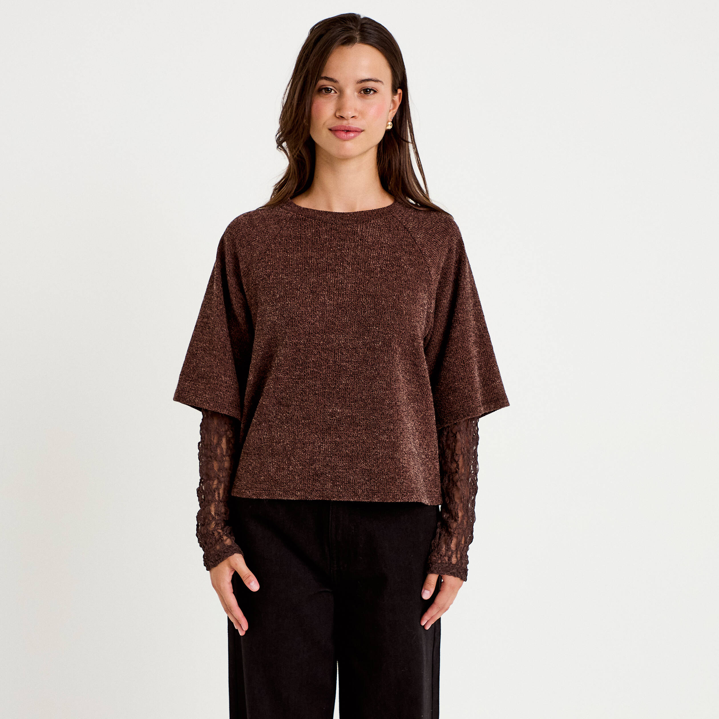 Top bi-mati&egrave;re dentelle col rond marron fonc&eacute; femme