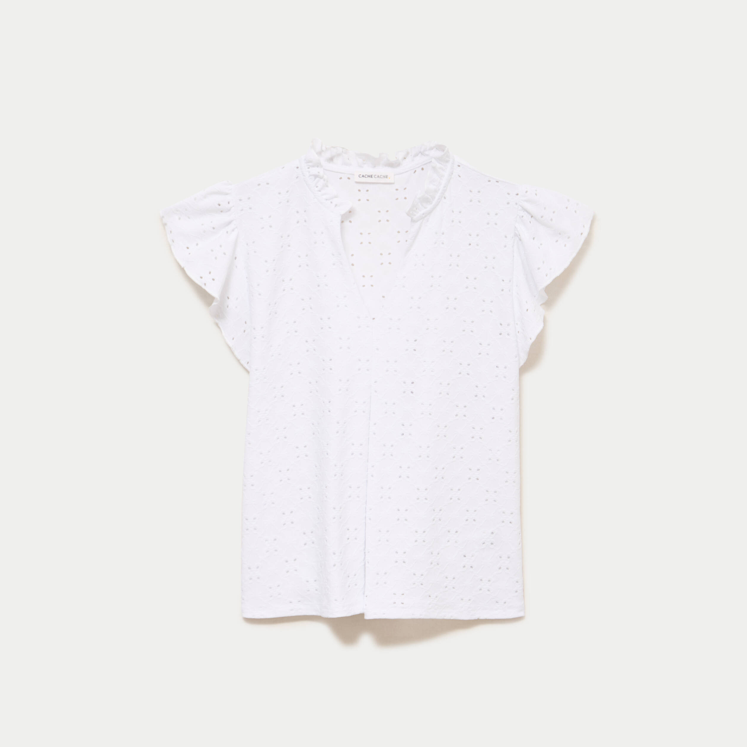 Blouse ajour&eacute;e col v manches courtes ecru femme