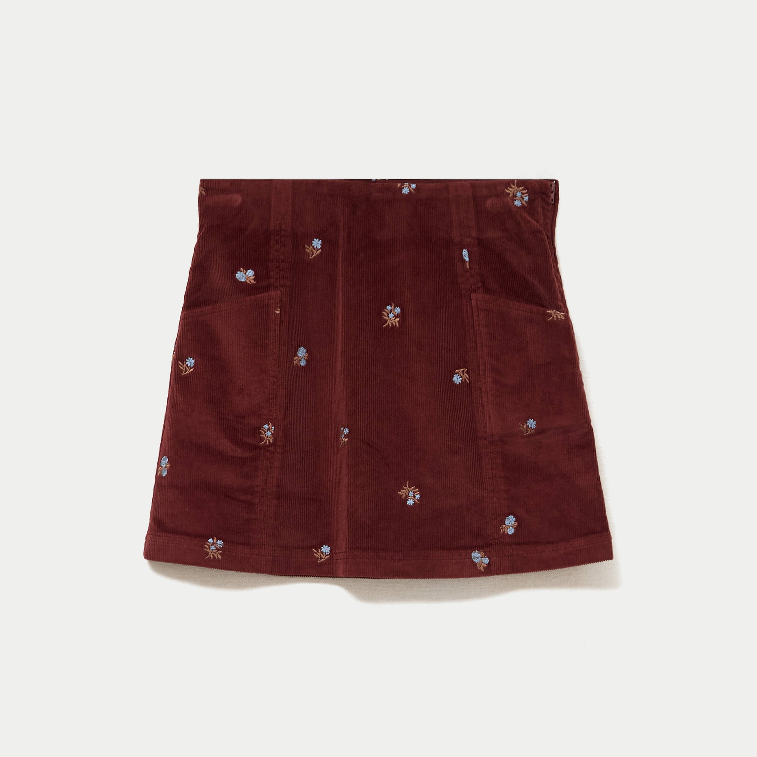 Jupe courte trap&egrave;ze en velours brod&eacute; marron femme