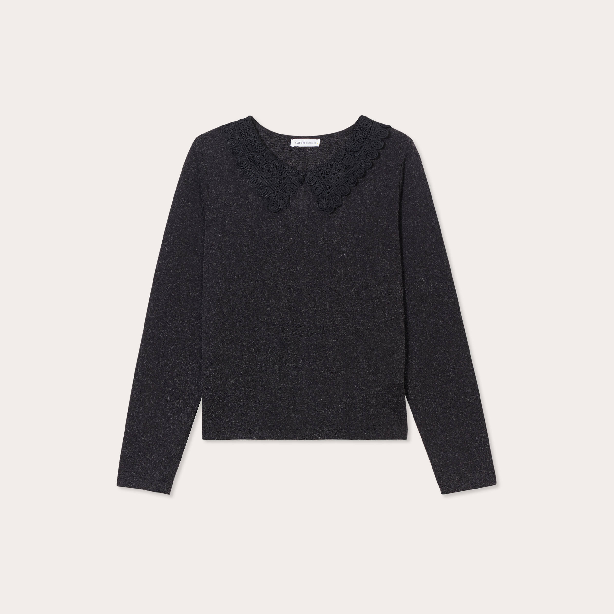 T-shirt col claudine macram&eacute; gris fonc&eacute; femme