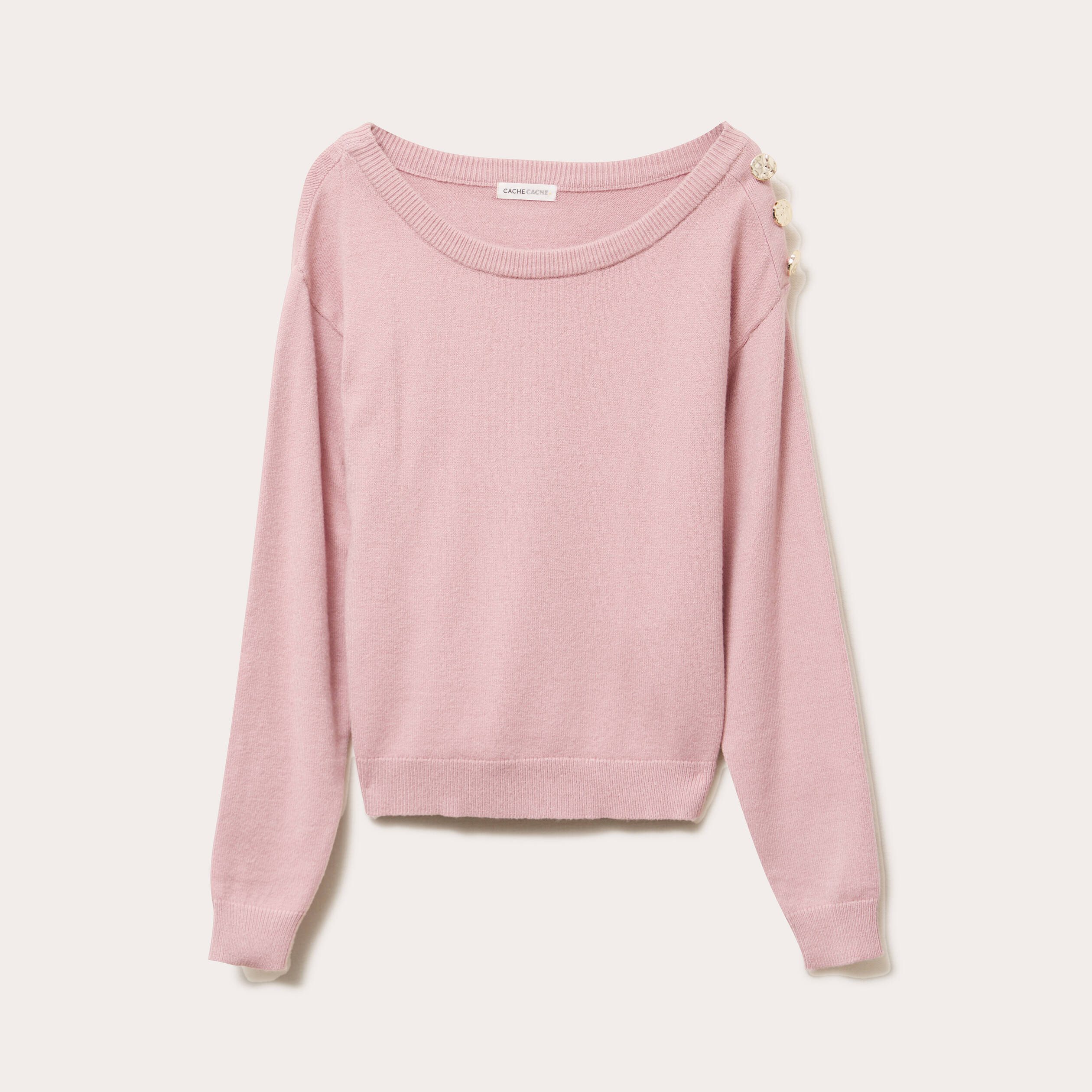 Pull fin col rond manches longues rose poudr&eacute;e femme
