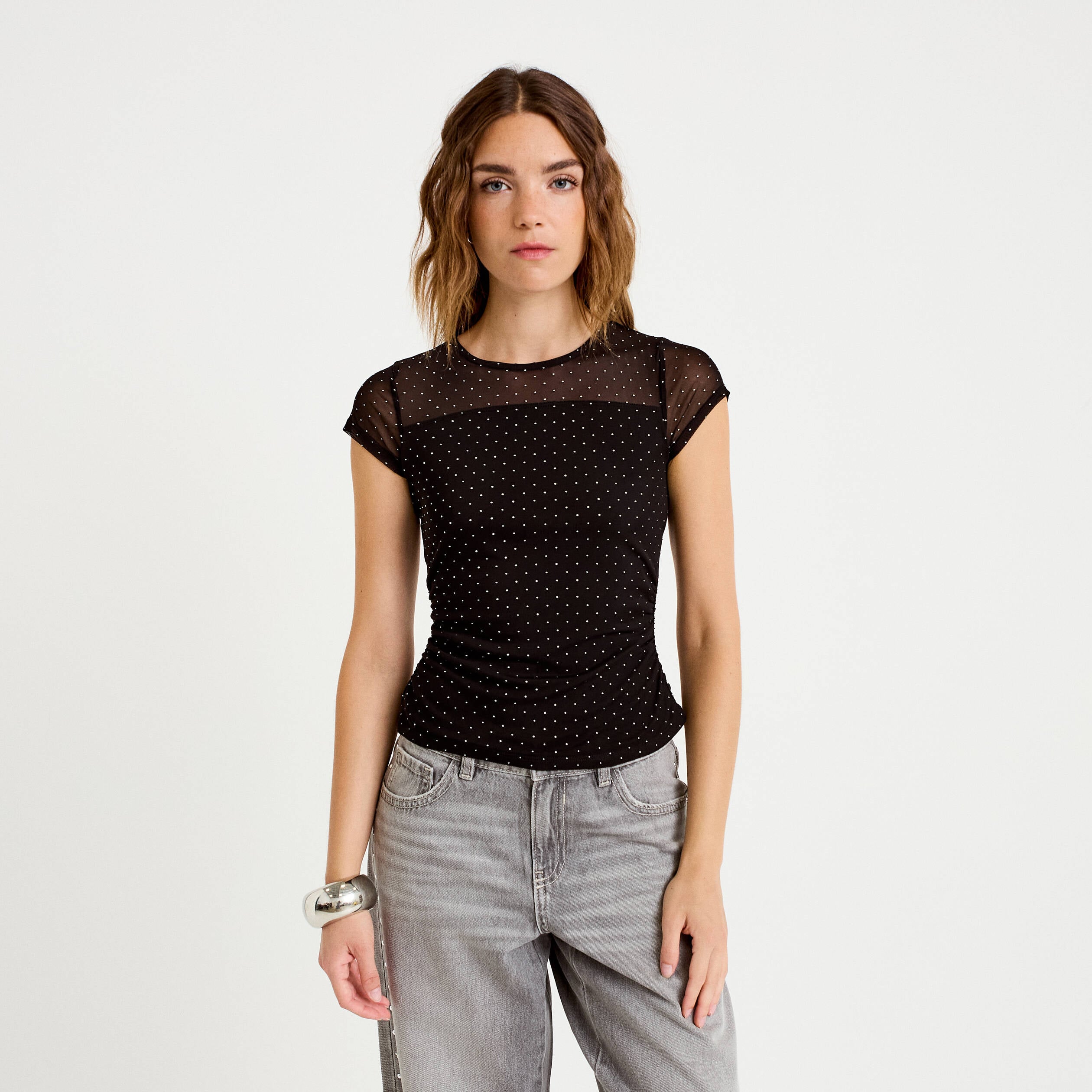 Top ajust&eacute; col rond manches courtes noir femme