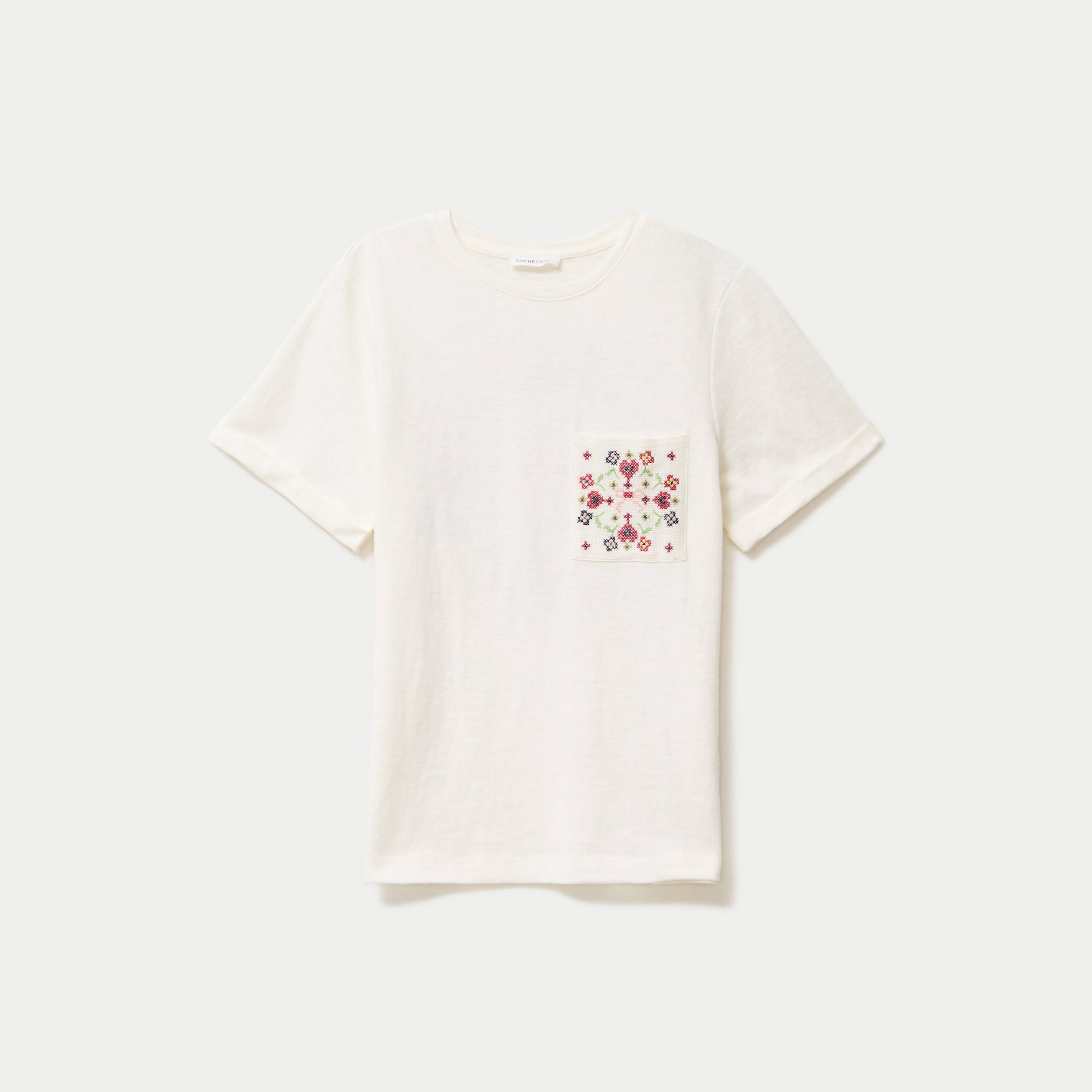 T-shirt col rond manches courtes ecru femme