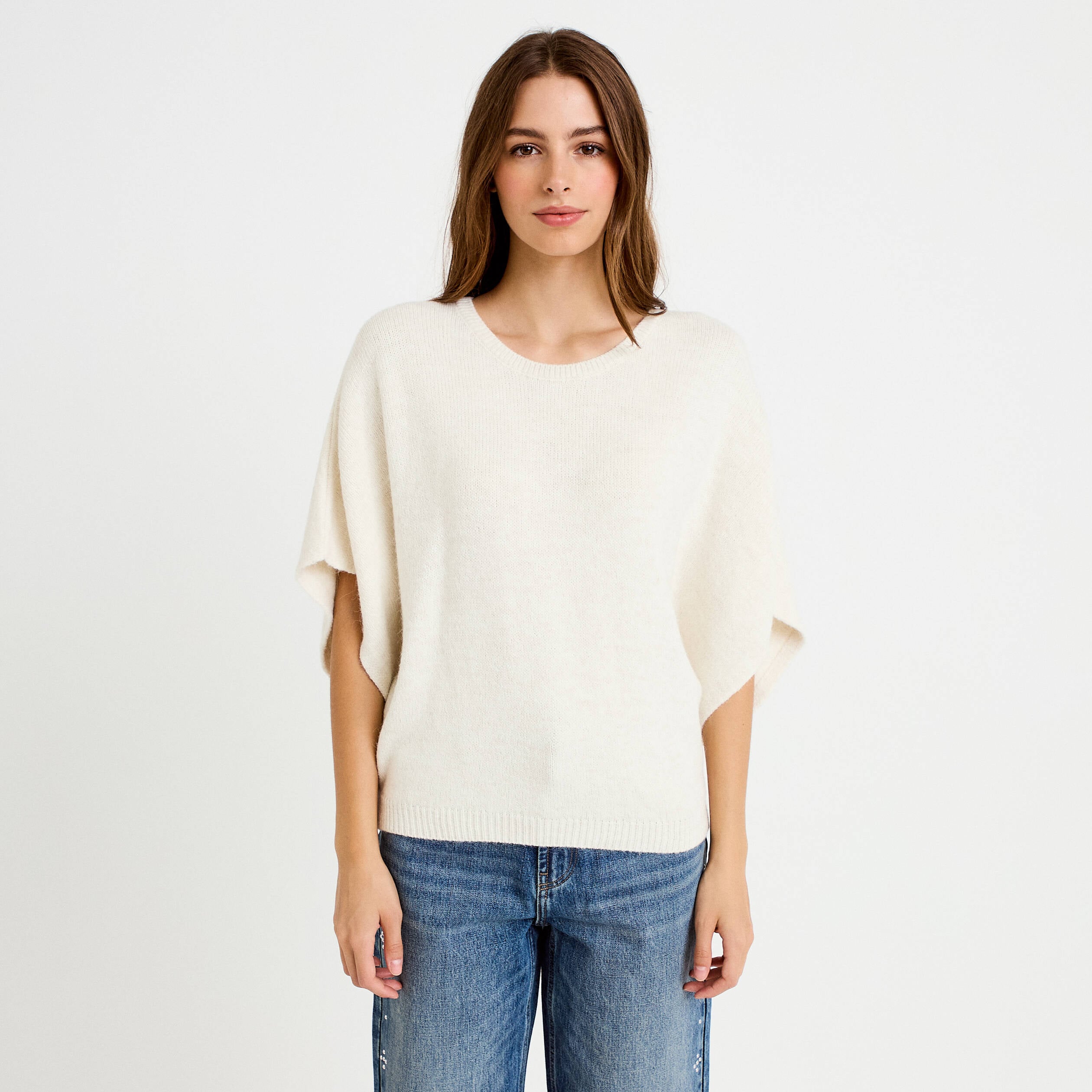 Pull oversize col rond manches courtes ecru femme