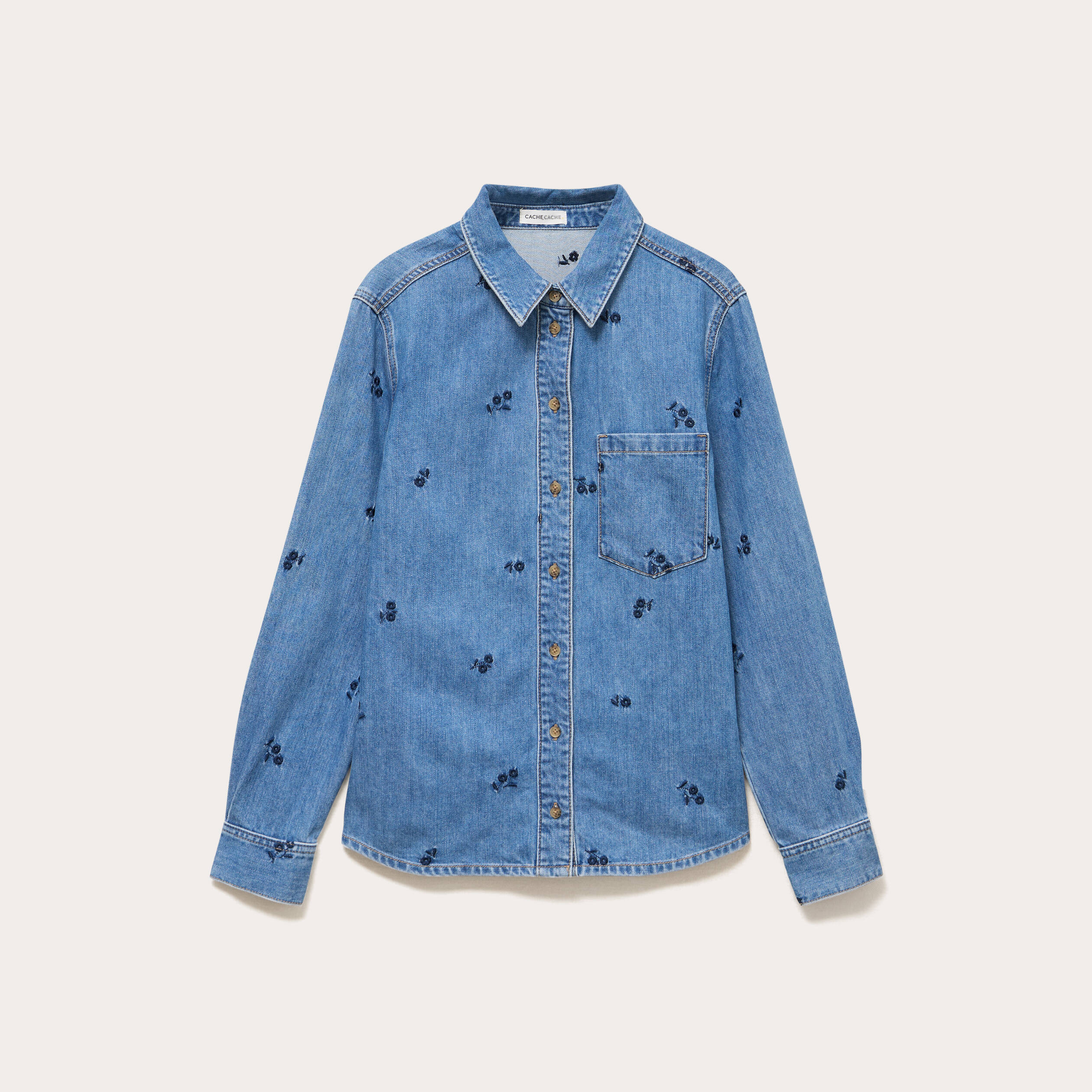 Chemise droite courte manches longues bleu femme