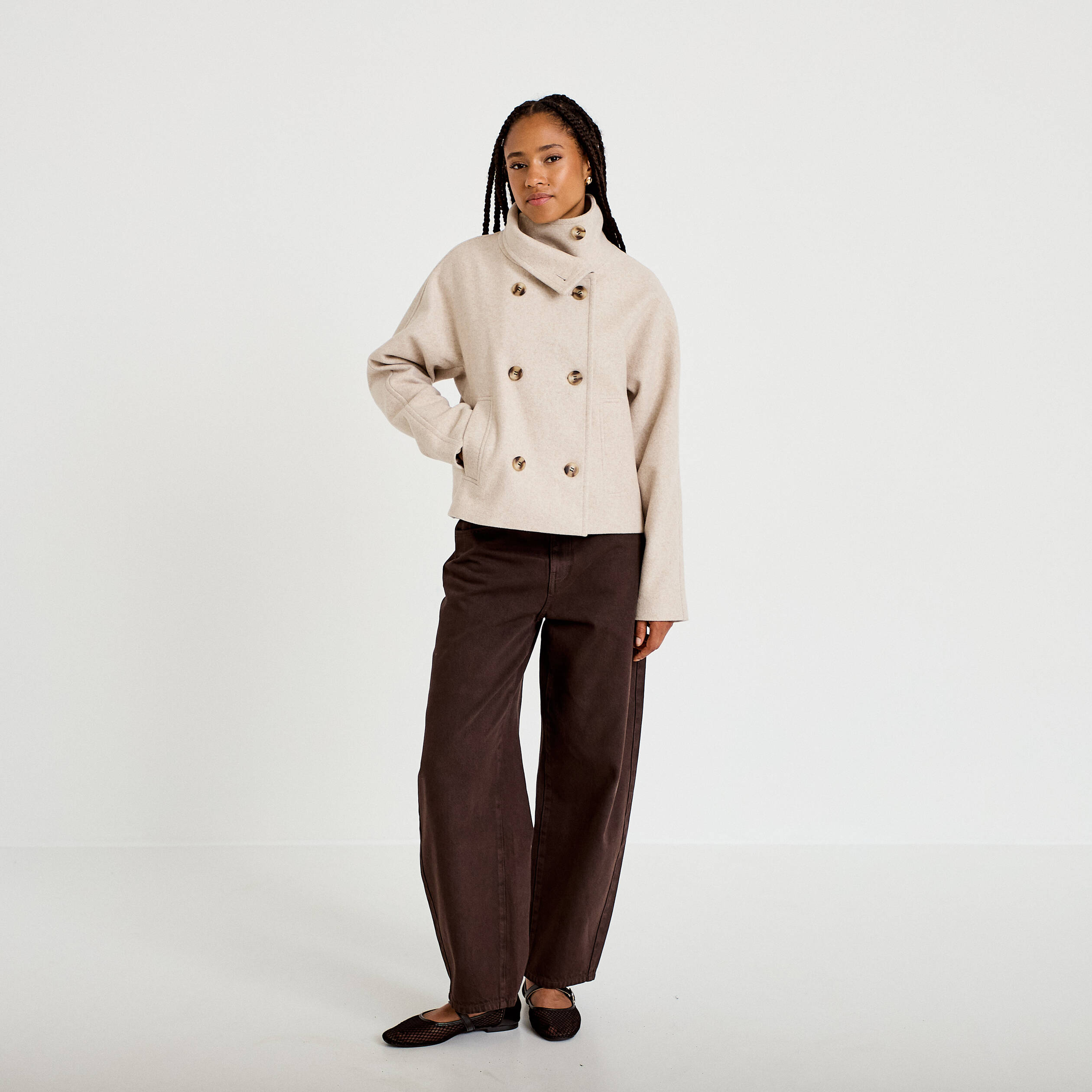 Caban court col montant beige femme
