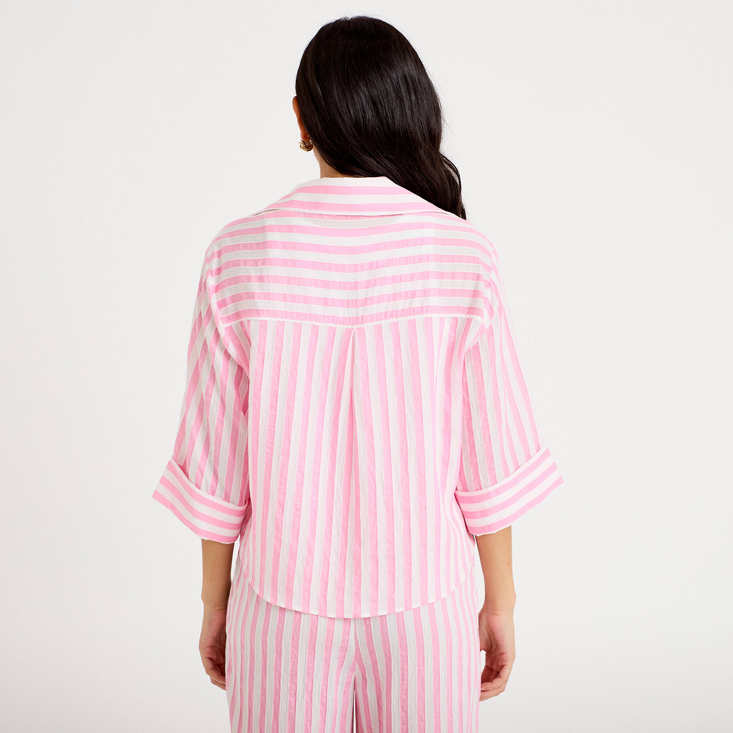 Blouse ample col tunisien manches 3/4 rose femme
