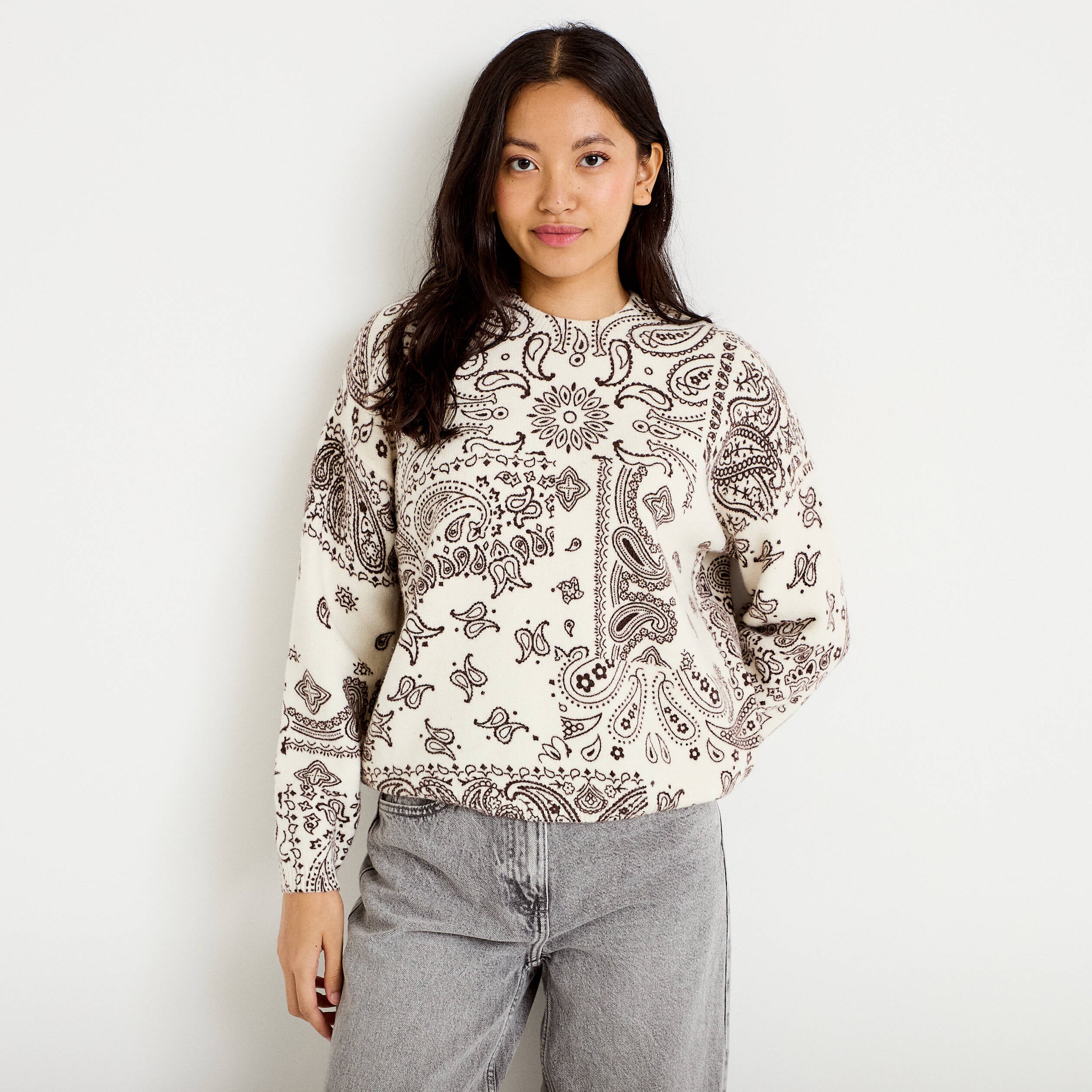 Pull col rond manches longues ecru femme