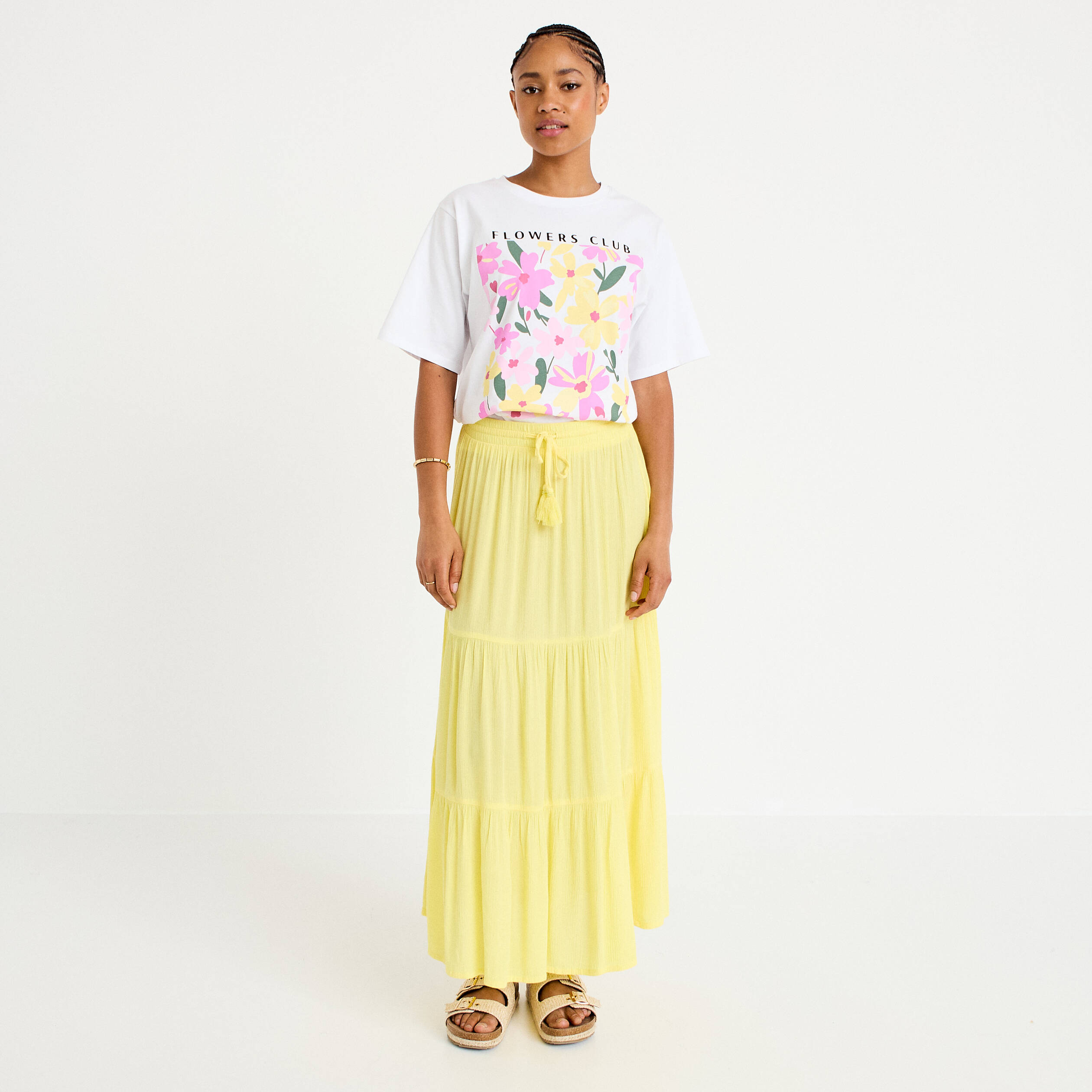 Jupe longue pliss&eacute;e &eacute;vas&eacute;e jaune pastel femme