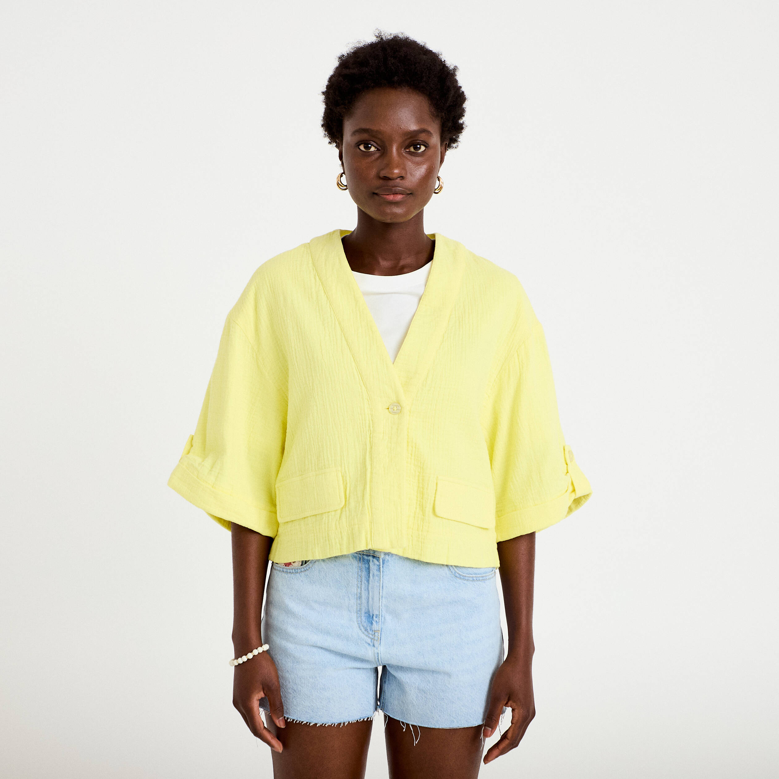 Veste ample pliss&eacute;e manches 3/4 jaune citron femme