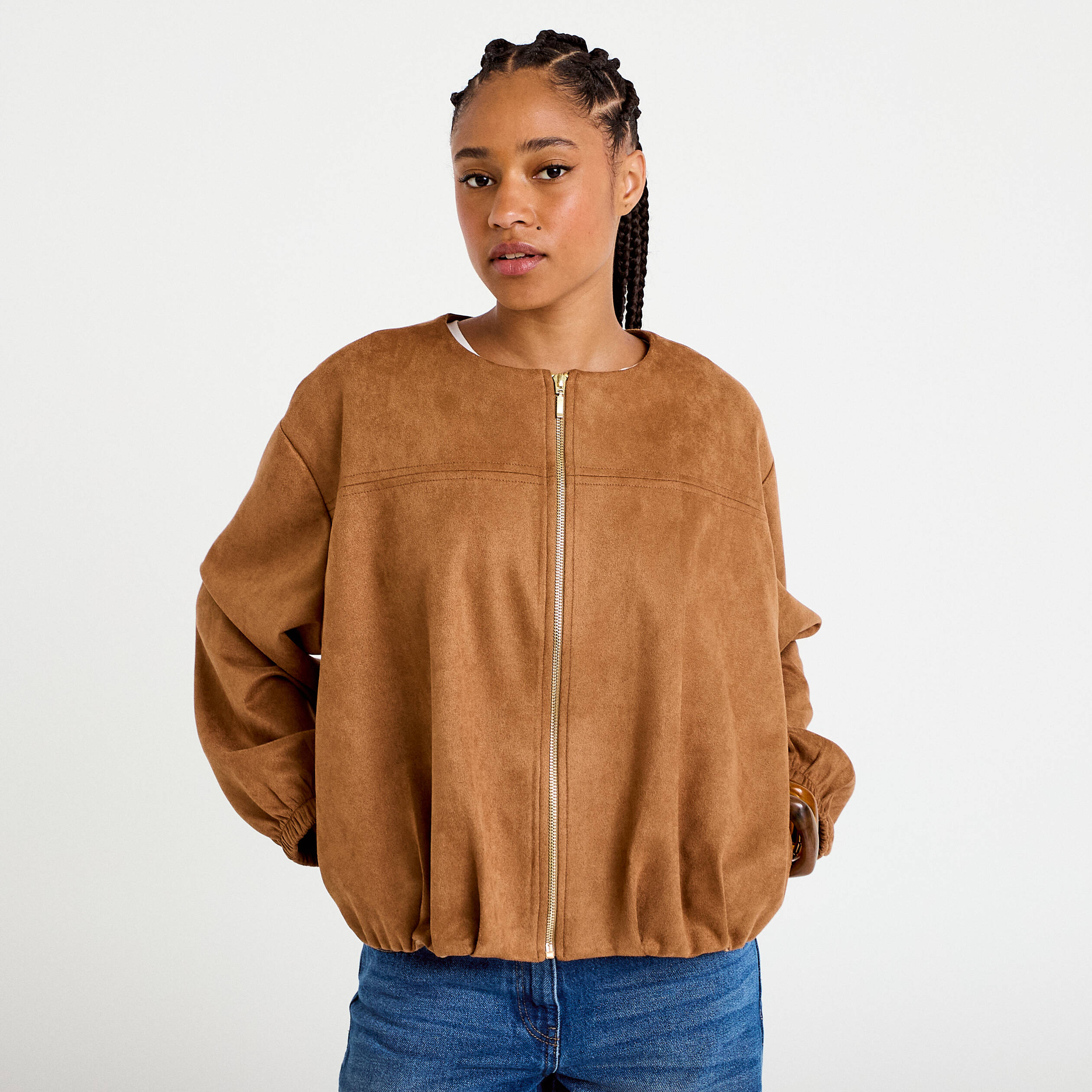 Veste oversize effet boule aspect daim camel femme