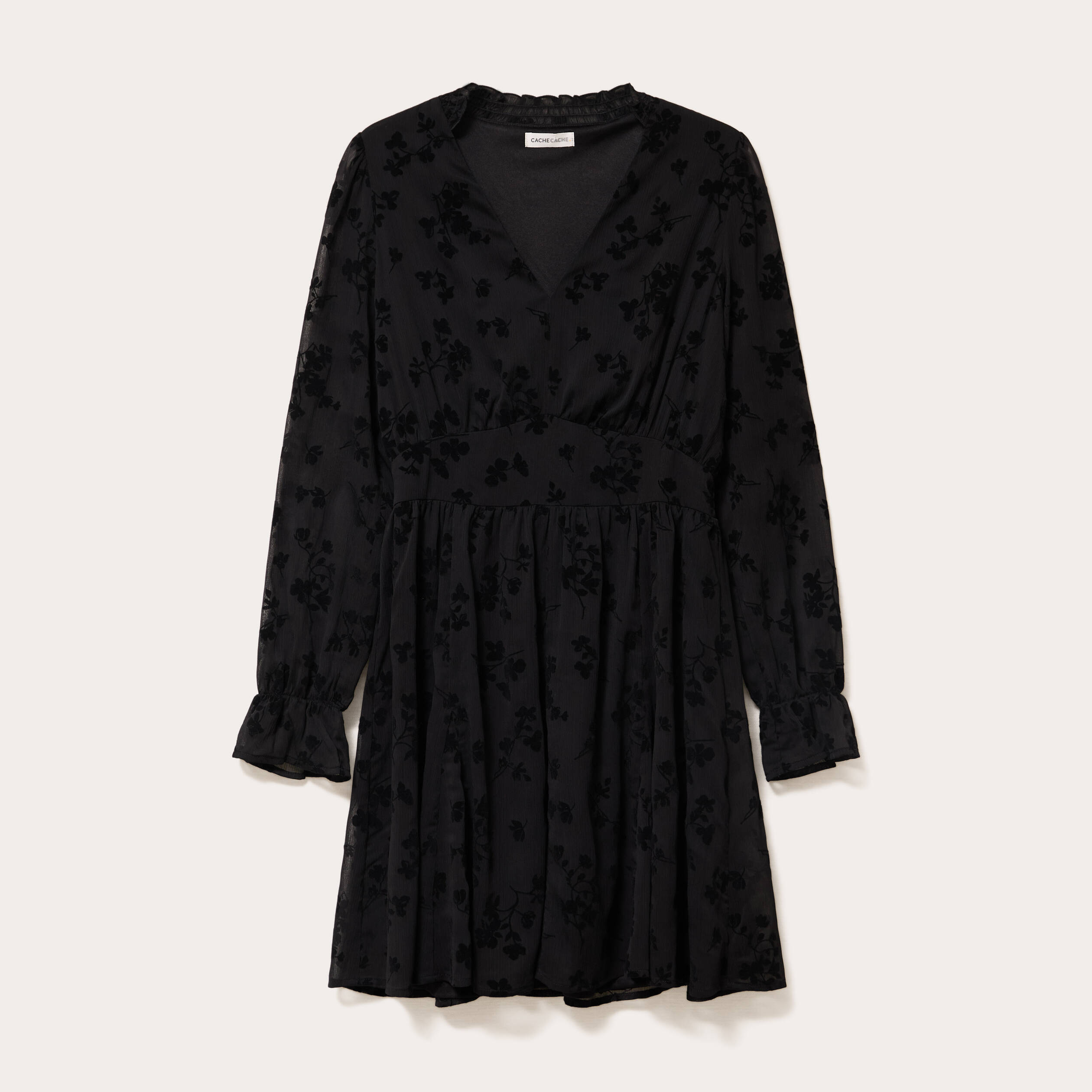 Robe courte &eacute;vas&eacute;e col v manches longues noir femme