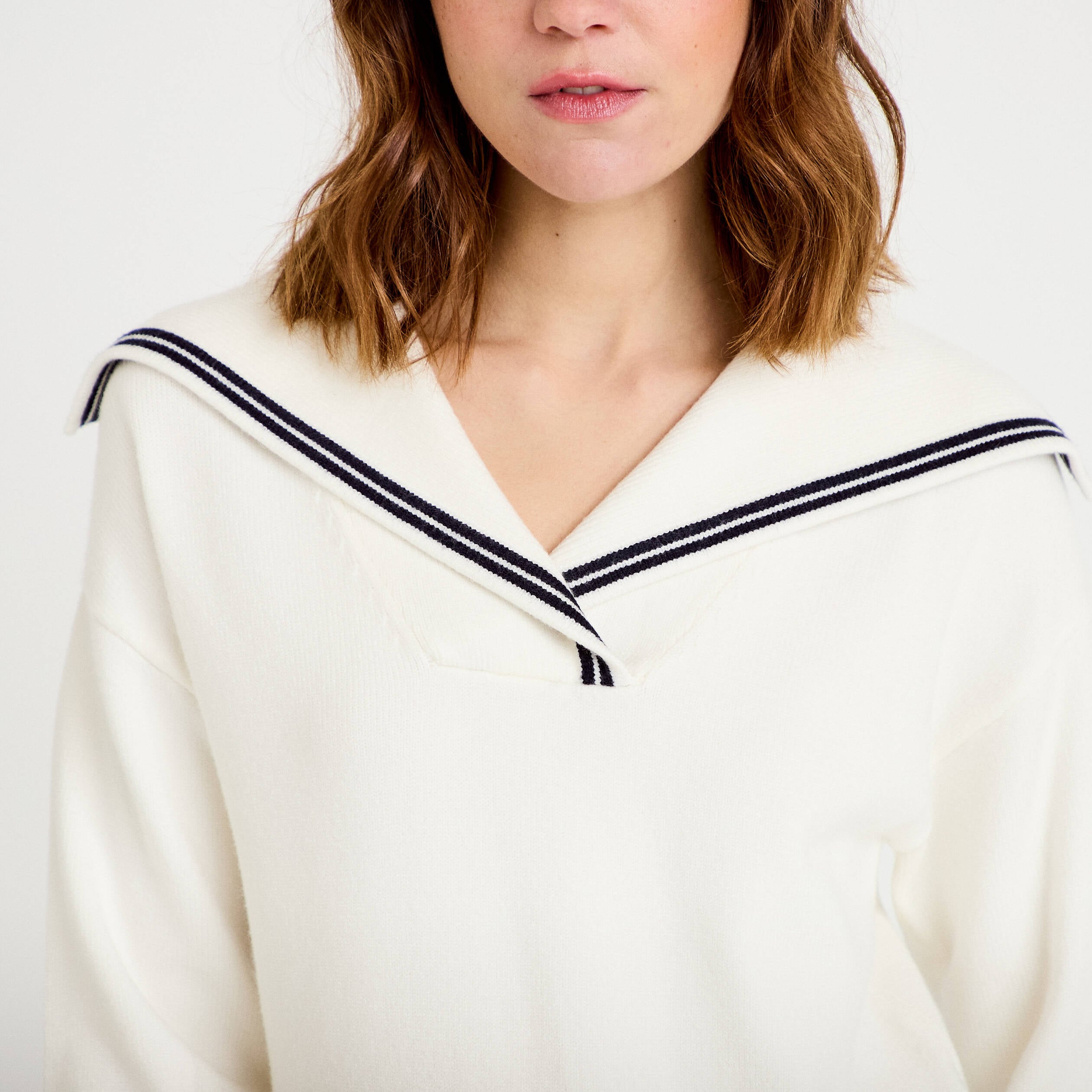 Pull col marin manches longues ecru femme
