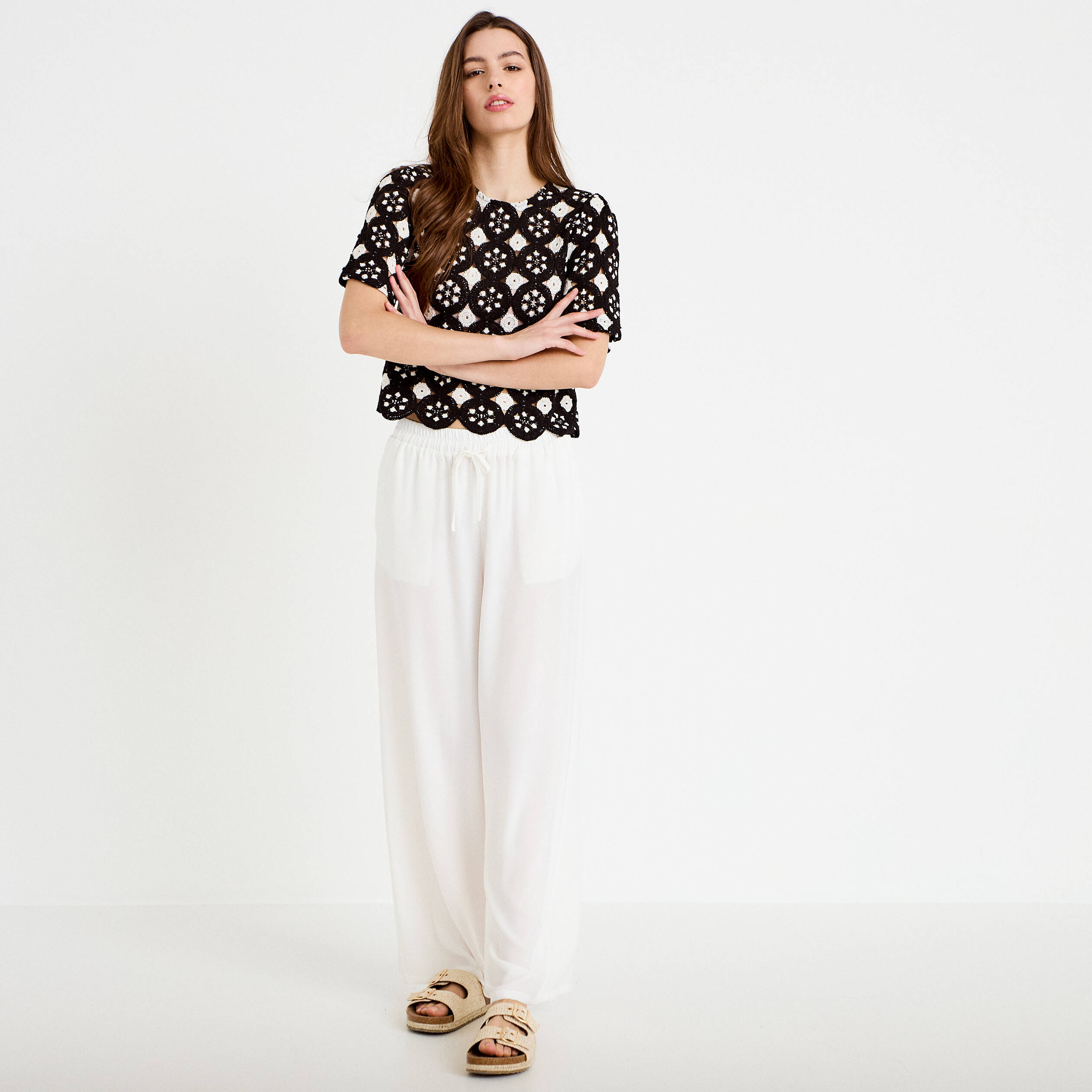 T-shirt manches courtes aspect dentelle ecru femme