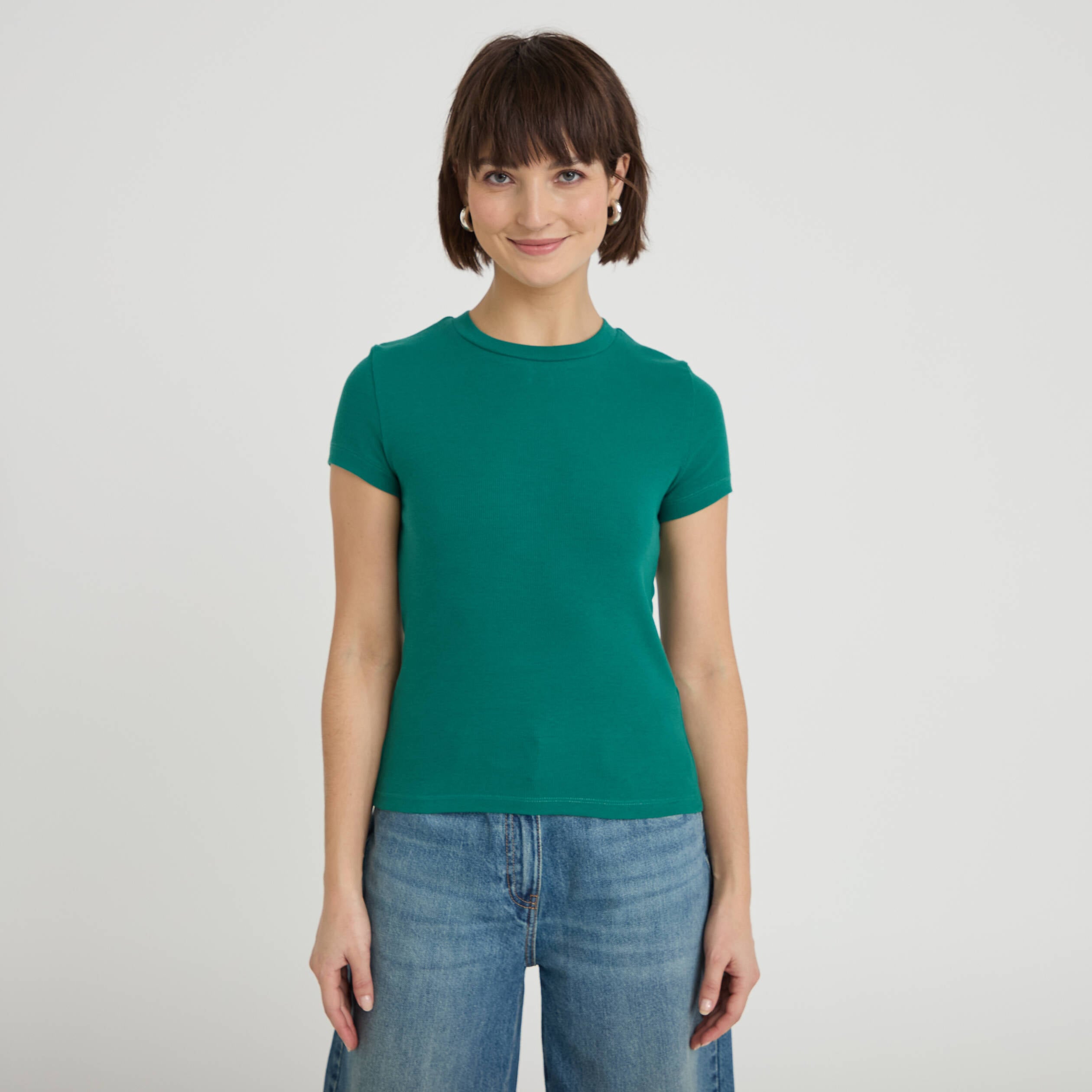 T-shirt c&ocirc;tel&eacute; ajust&eacute; manches courtes vert &eacute;meraude femme