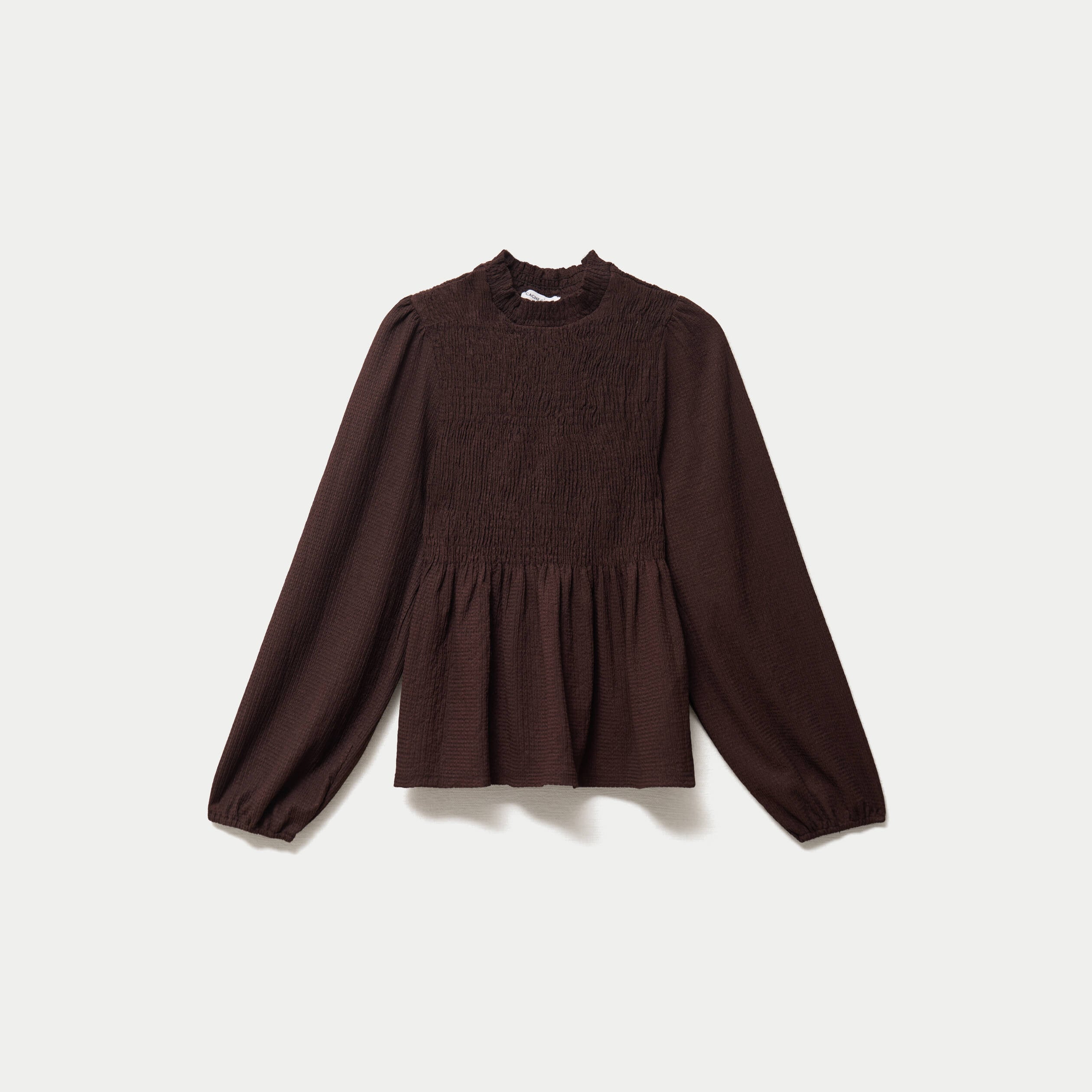 Blouse droite manches longues pliss&eacute;e marron fonc&eacute; femme