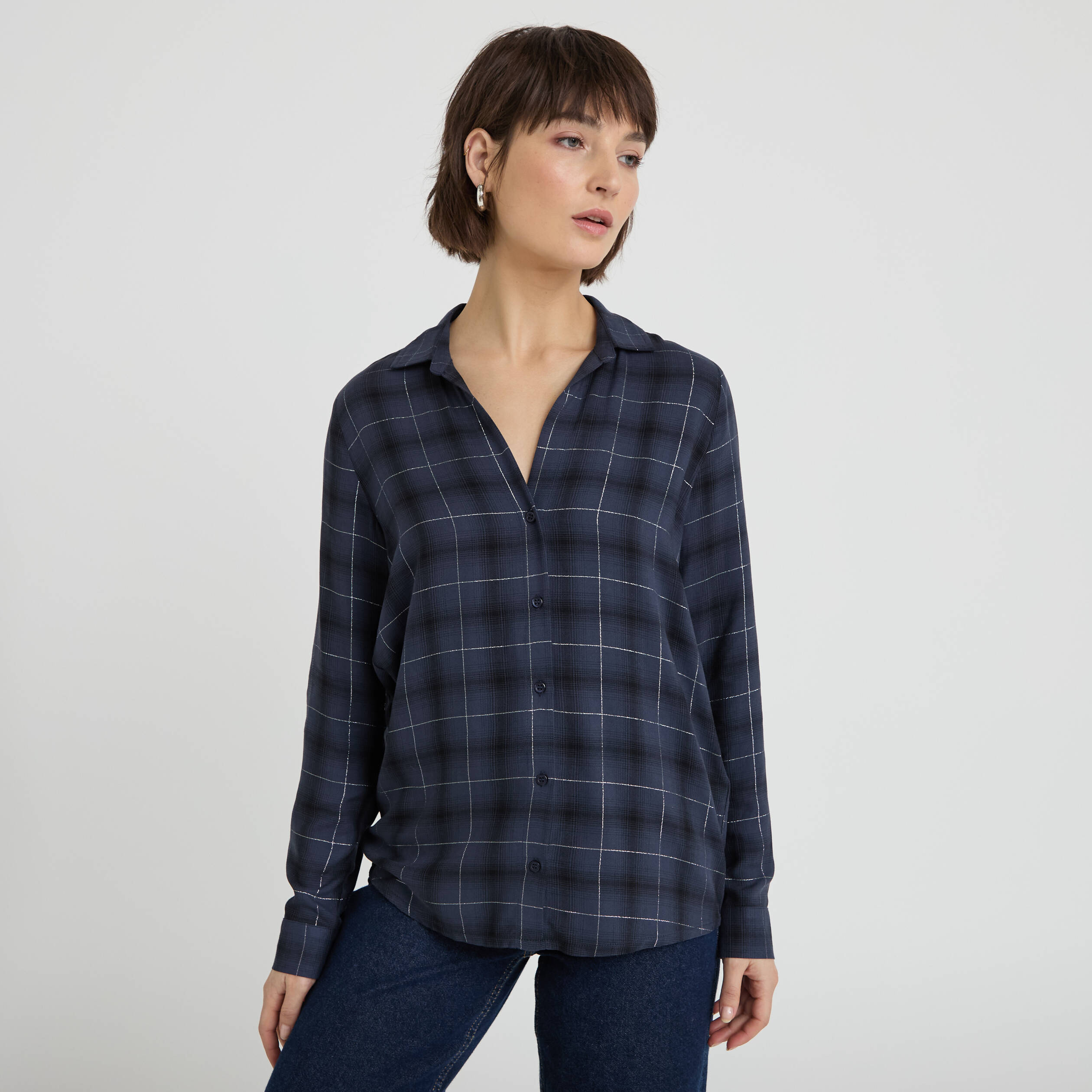 Chemise &agrave; carreaux fils m&eacute;tallis&eacute;s bleu fonc&eacute; femme