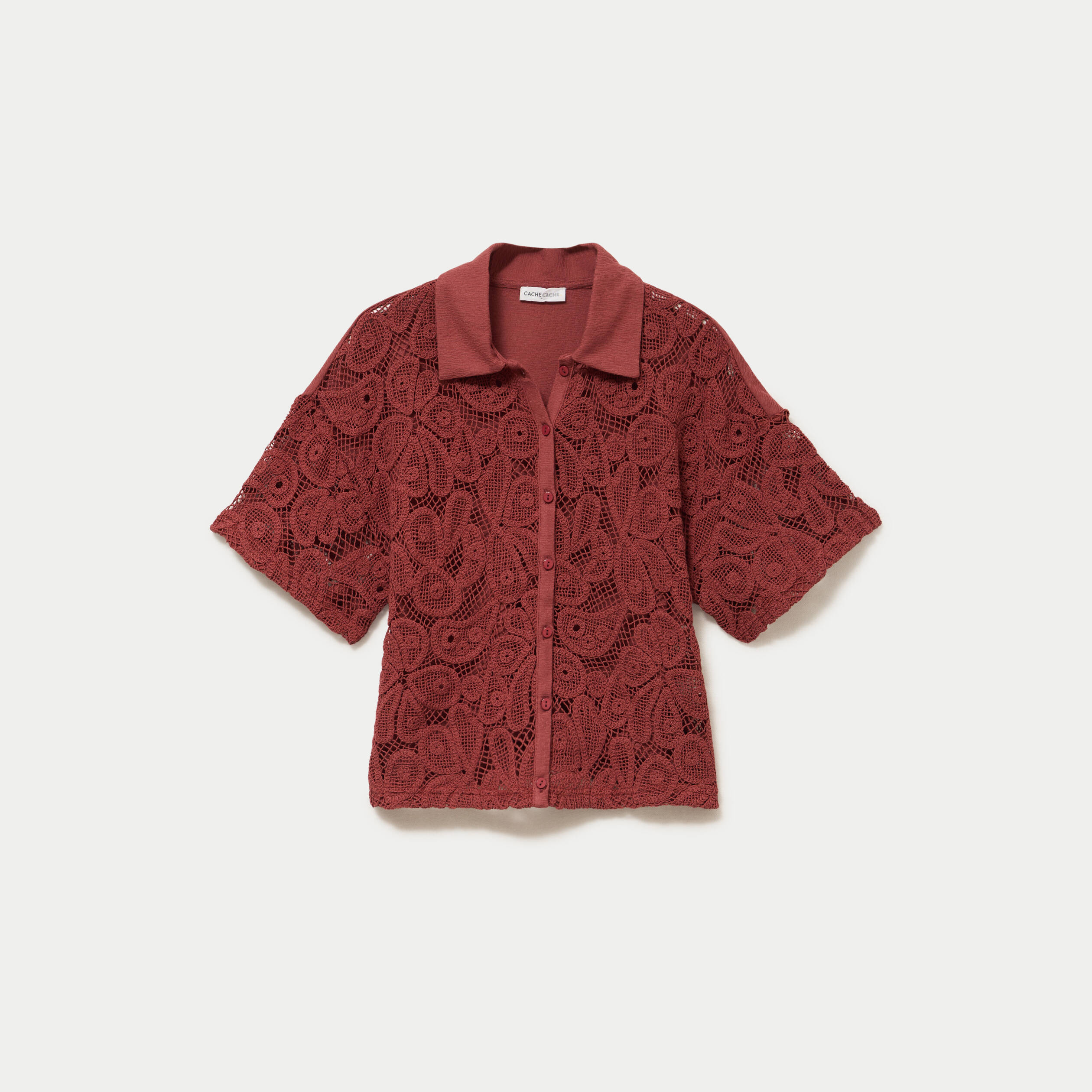 Chemise macram&eacute; manches courtes vieux rose femme