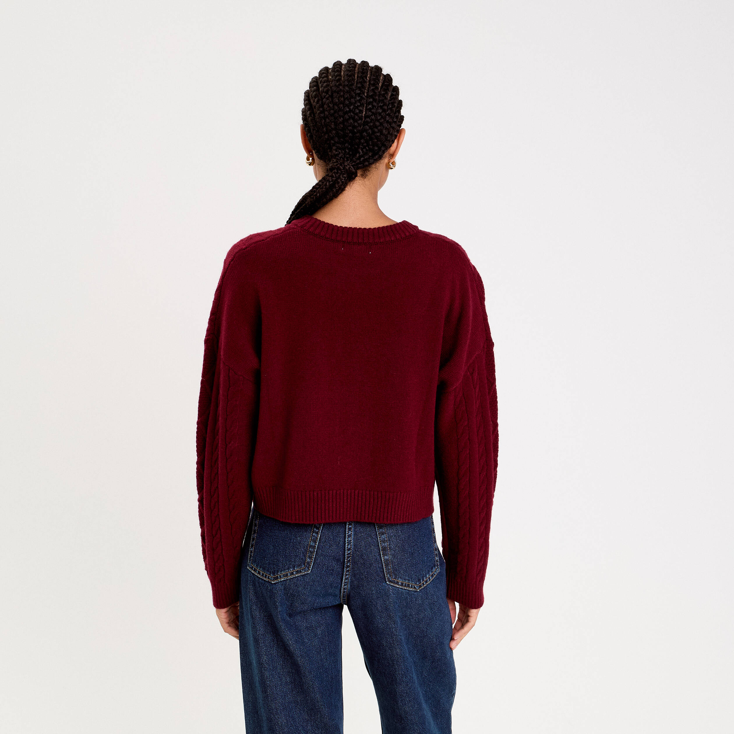Pull avec torsades rouge fonc&eacute; femme