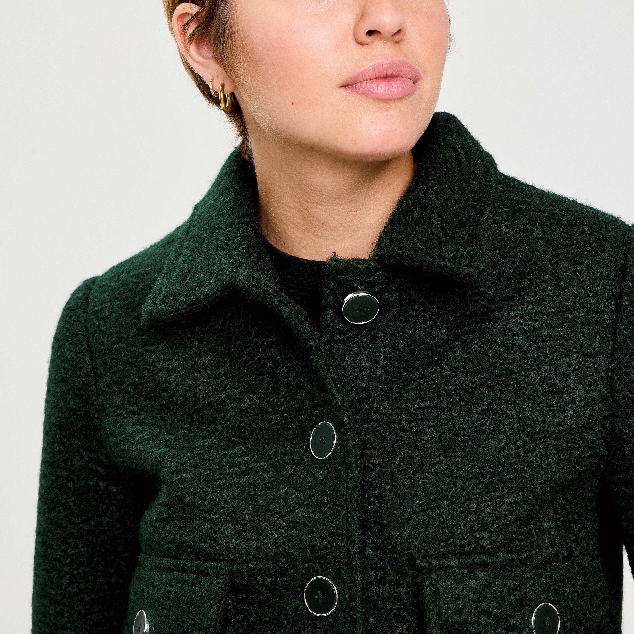 Veste bouclette boutonn&eacute;e vert fonc&eacute; femme