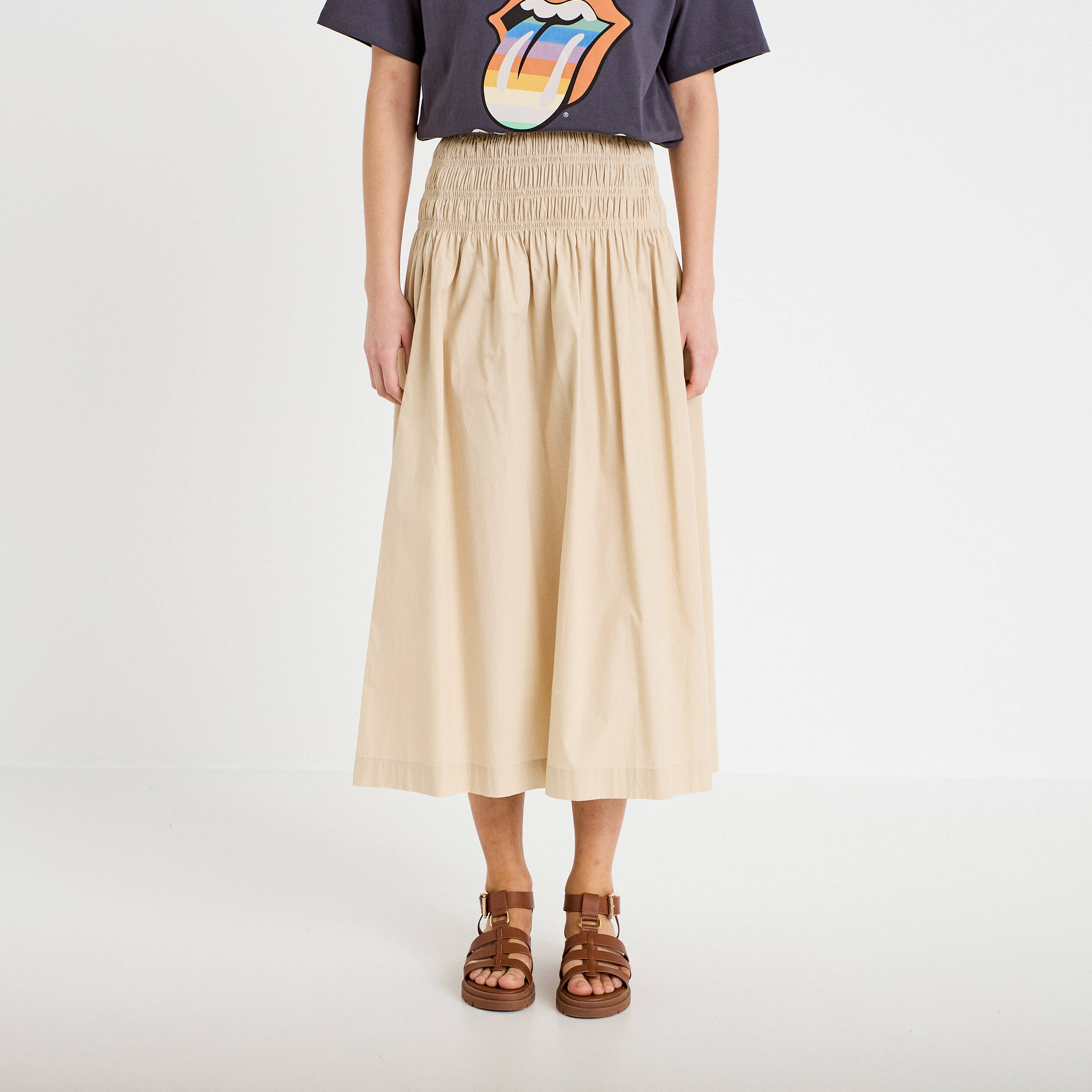 Jupon &eacute;vas&eacute; taille smock&eacute;e beige femme