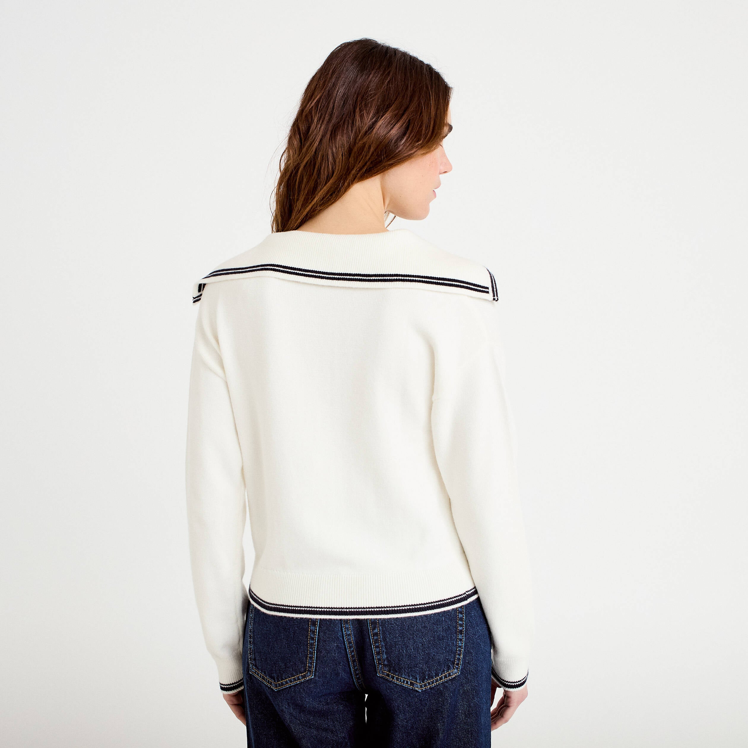 Pull col marin manches longues ecru femme