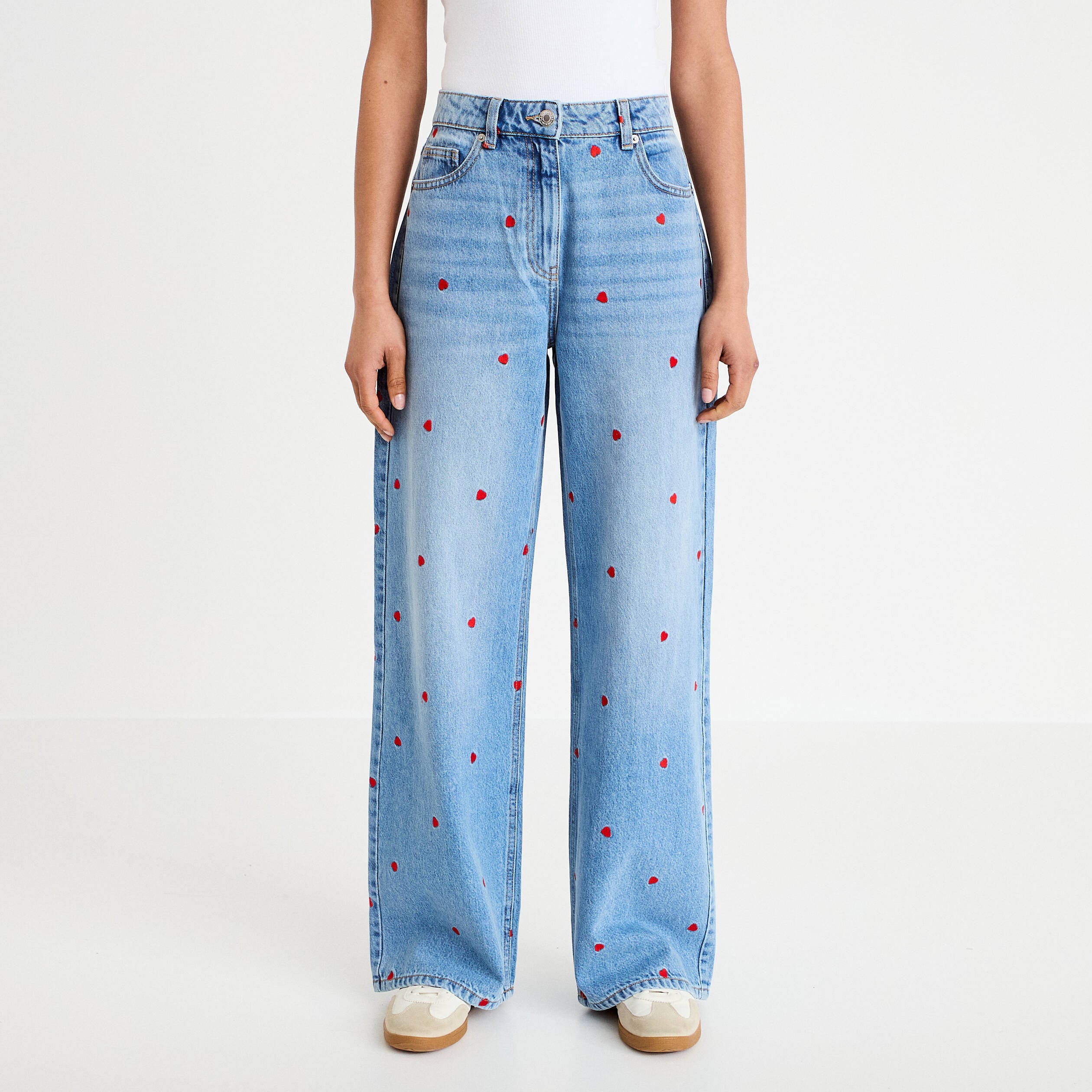 Jean wide leg taille haute brod&eacute; denim double stone femme