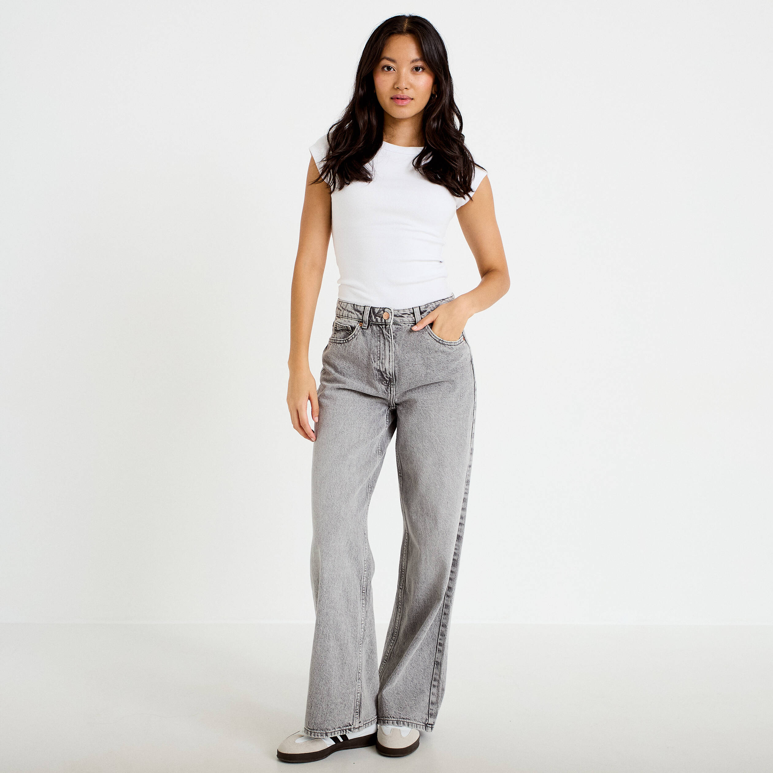 Jeans wide leg taille haute denim gris femme