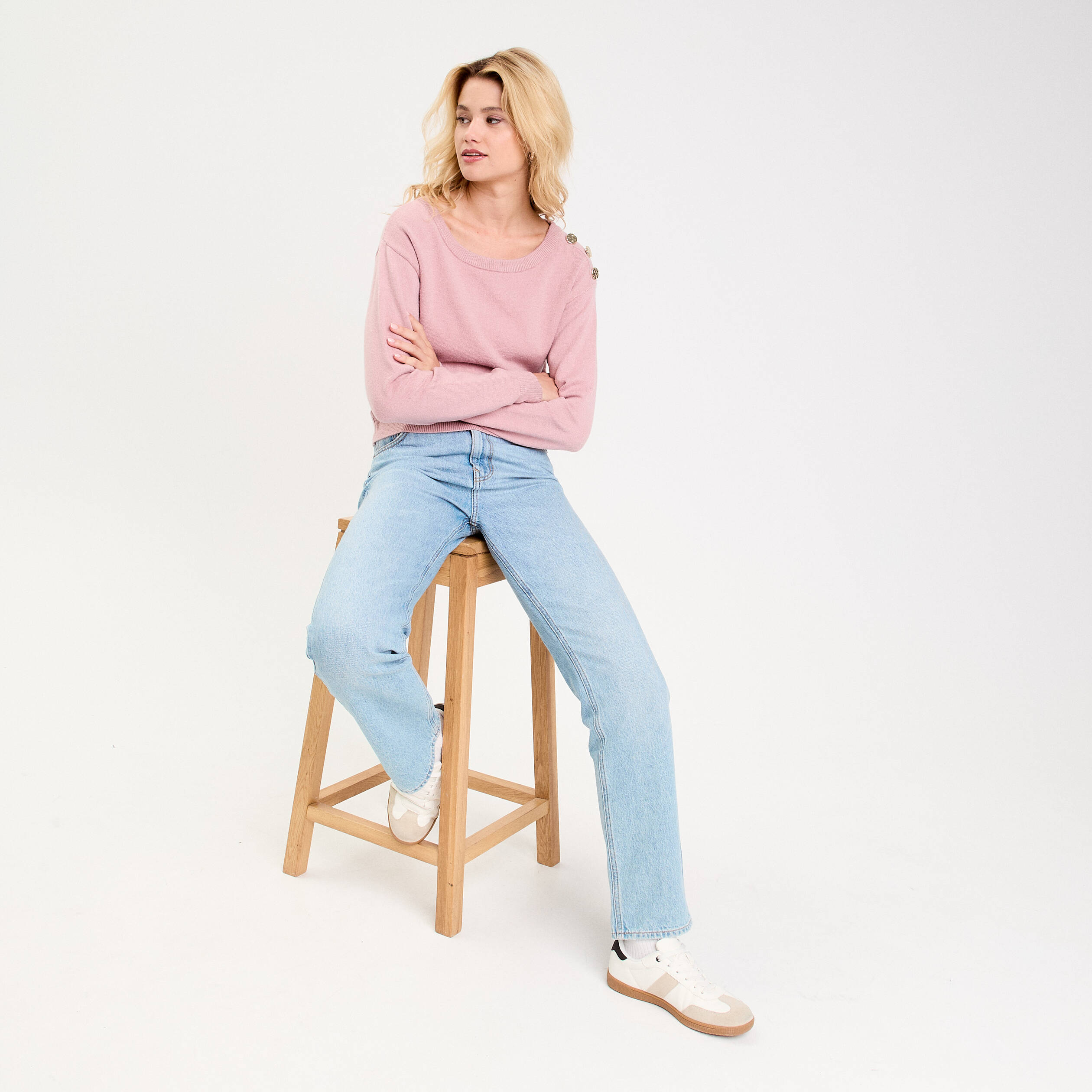 Pull fin col rond manches longues rose poudr&eacute;e femme