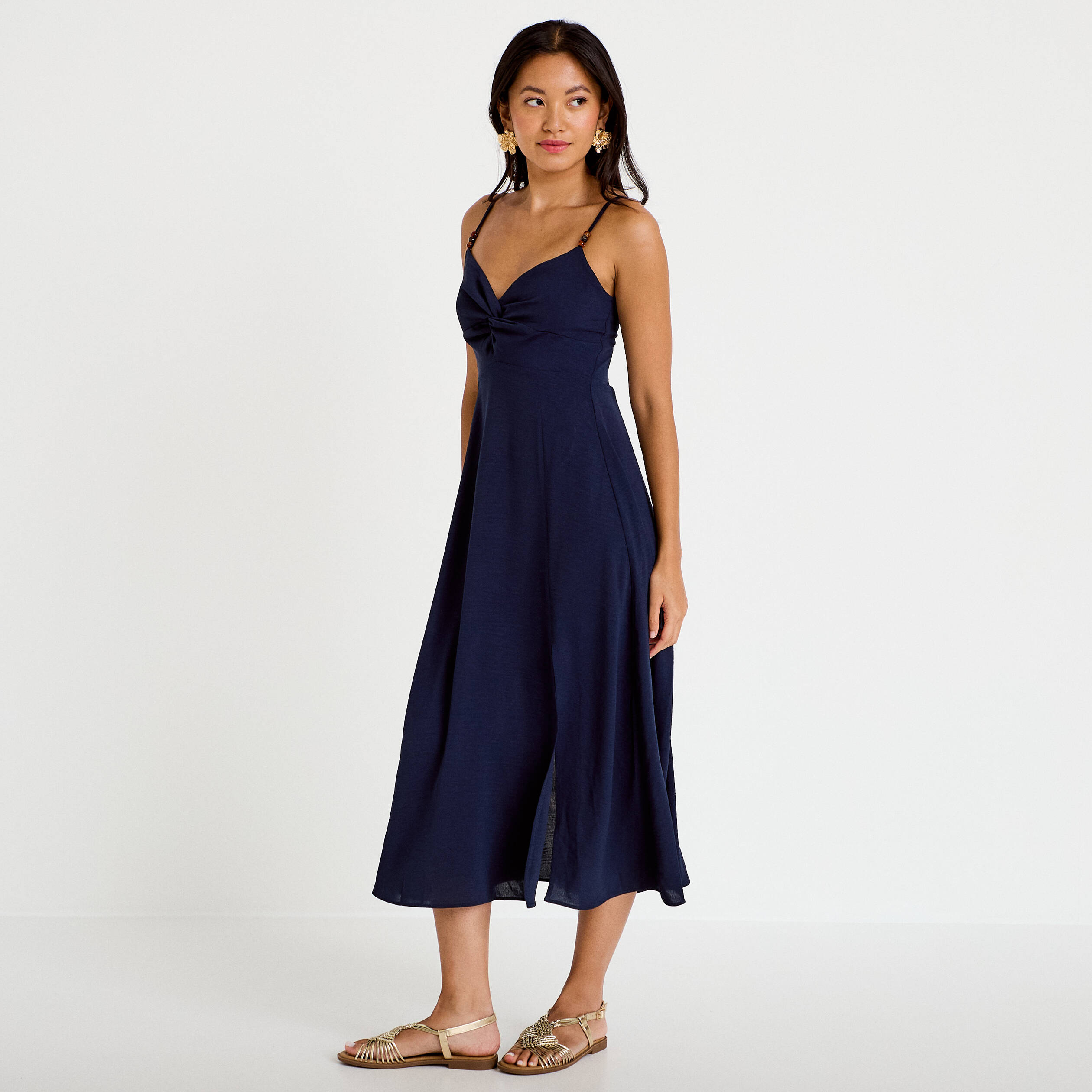 Robe longue &eacute;vas&eacute;e fendue bleu marine femme