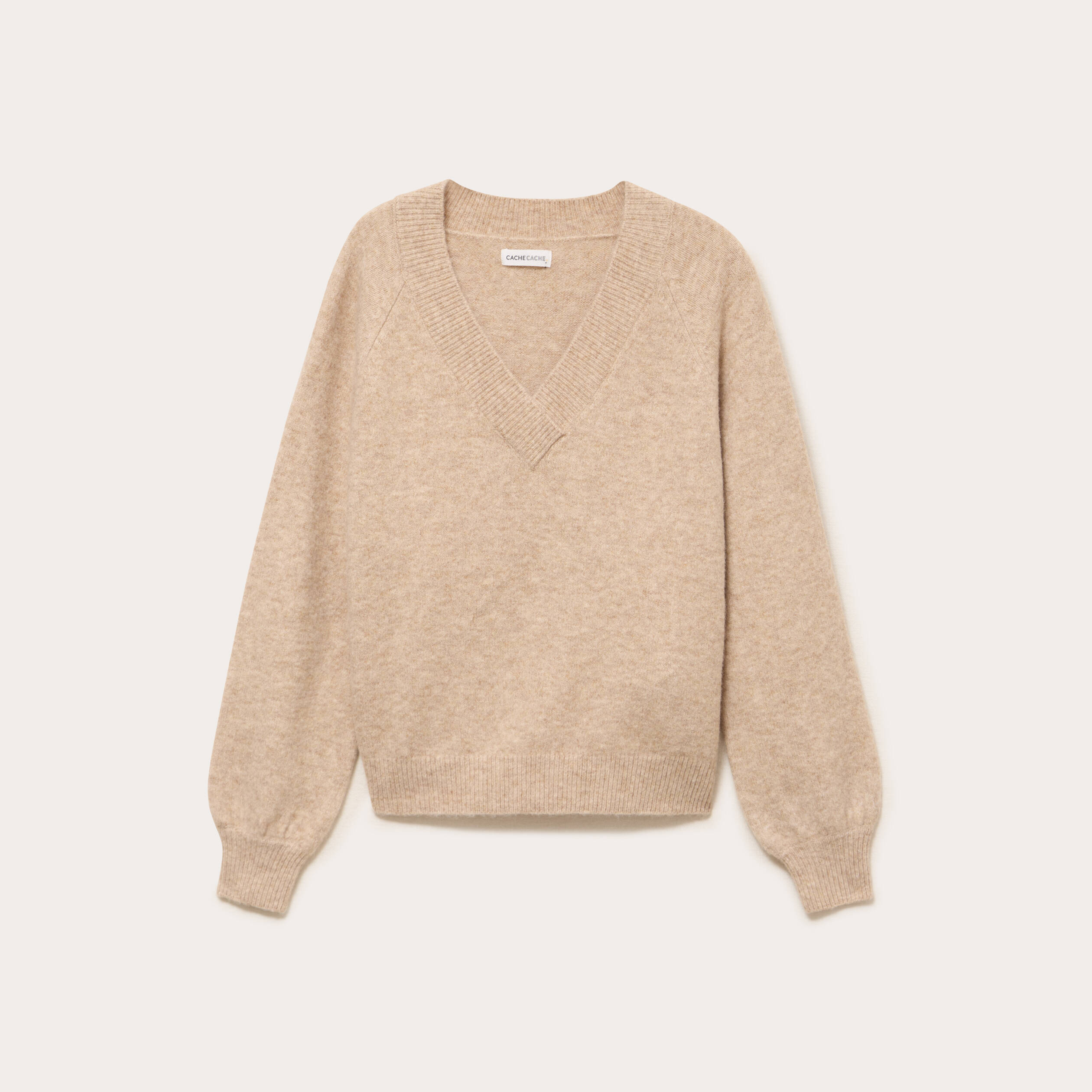 Pull col v manches longues beige femme