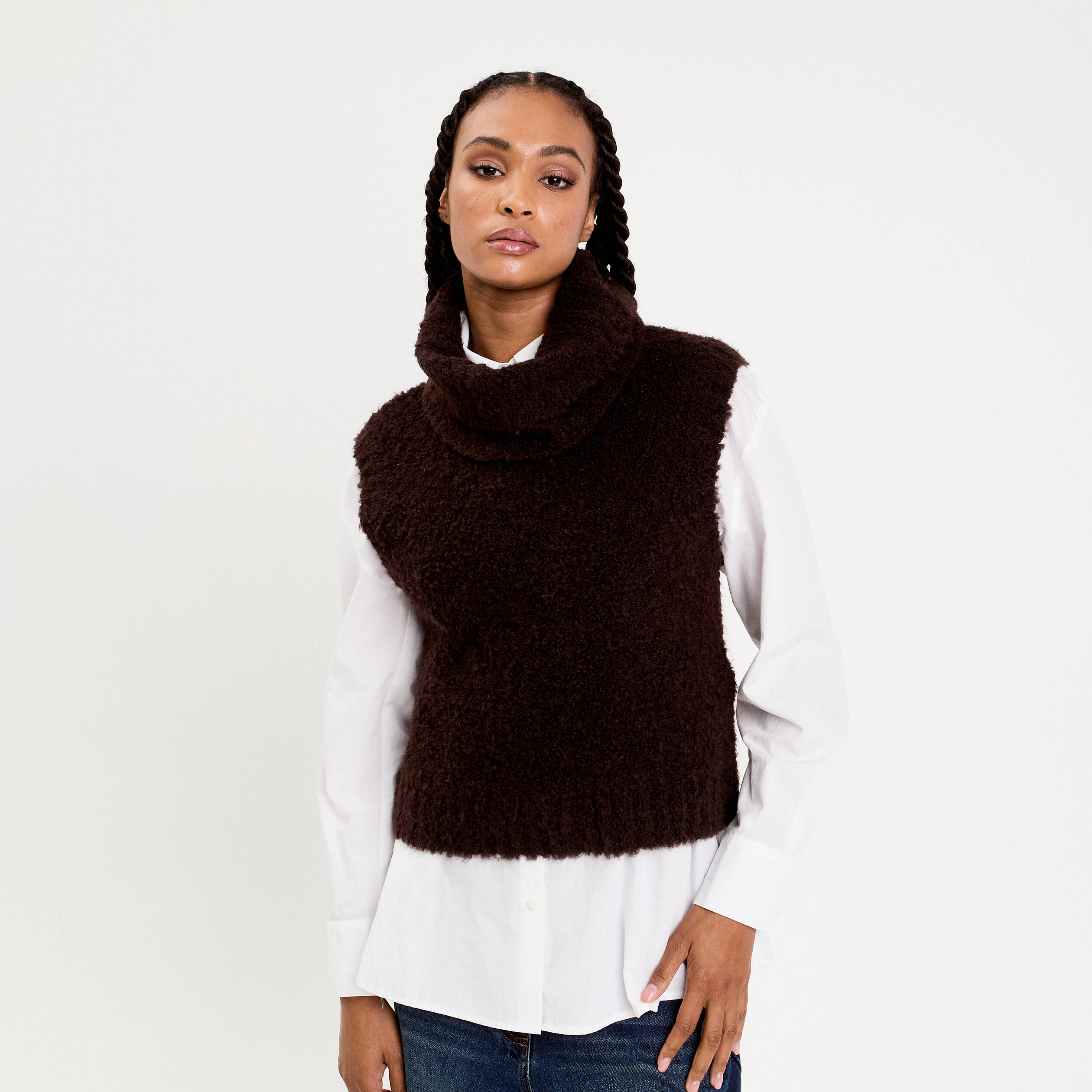 Pull 2-en-1 col amovible marron fonc&eacute; femme