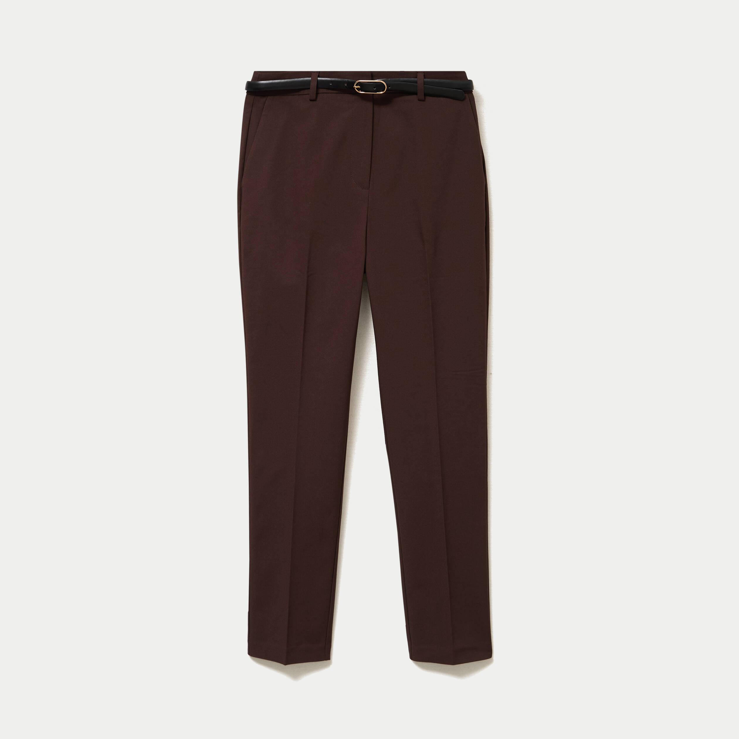 Pantalon cigarette ceintur&eacute; marron fonc&eacute; femme