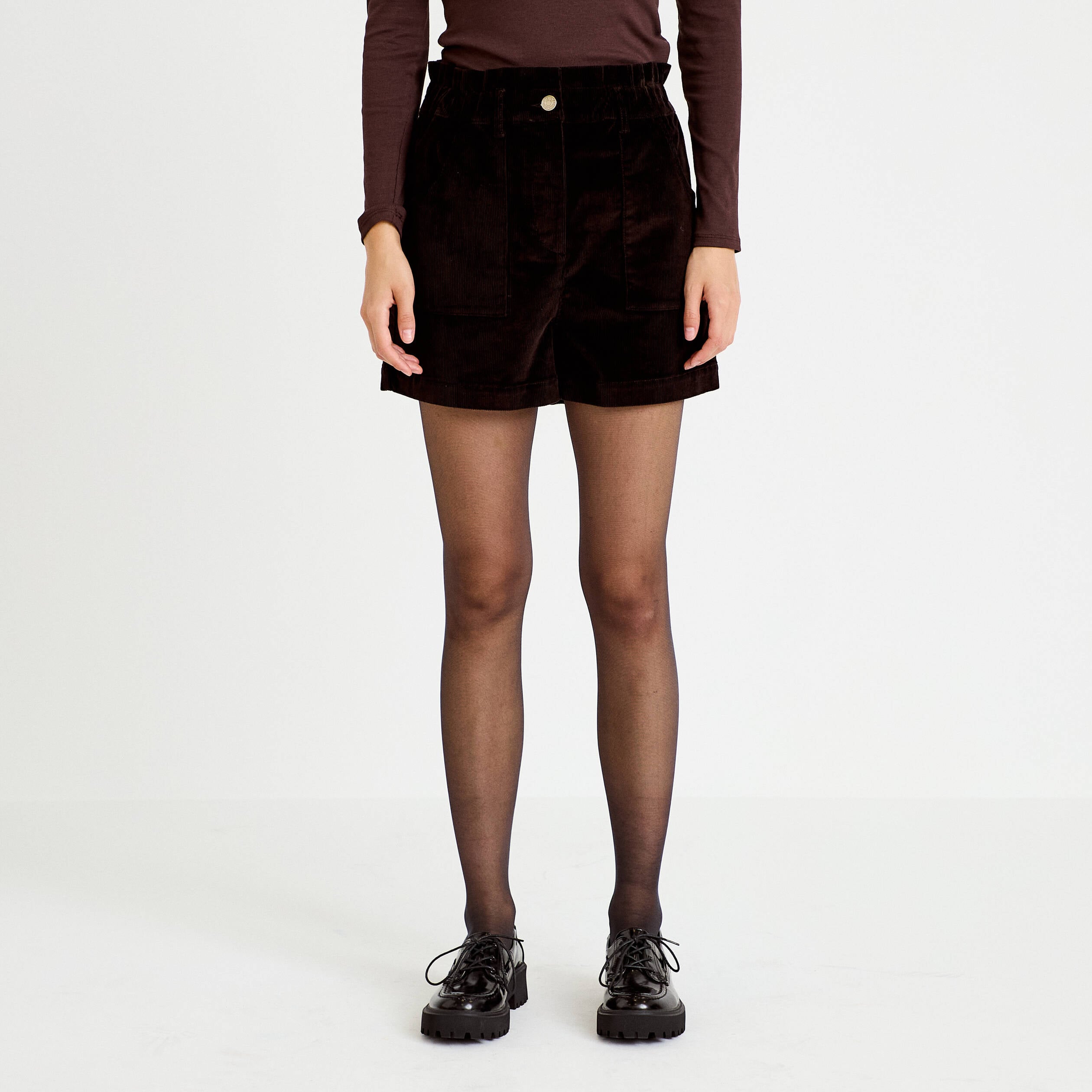 Short large en velours marron fonc&eacute; femme