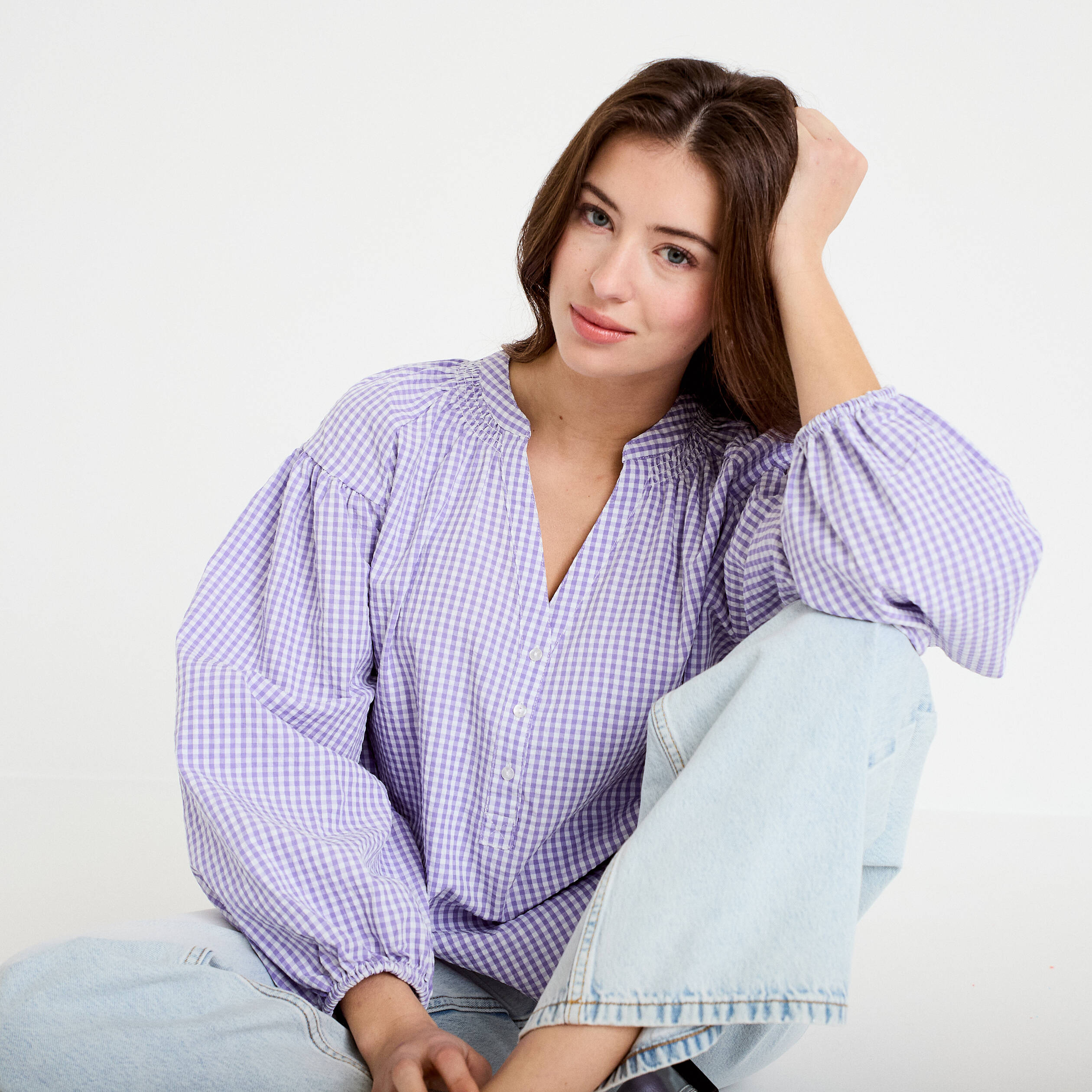 Blouse vichy brod&eacute;e violet femme