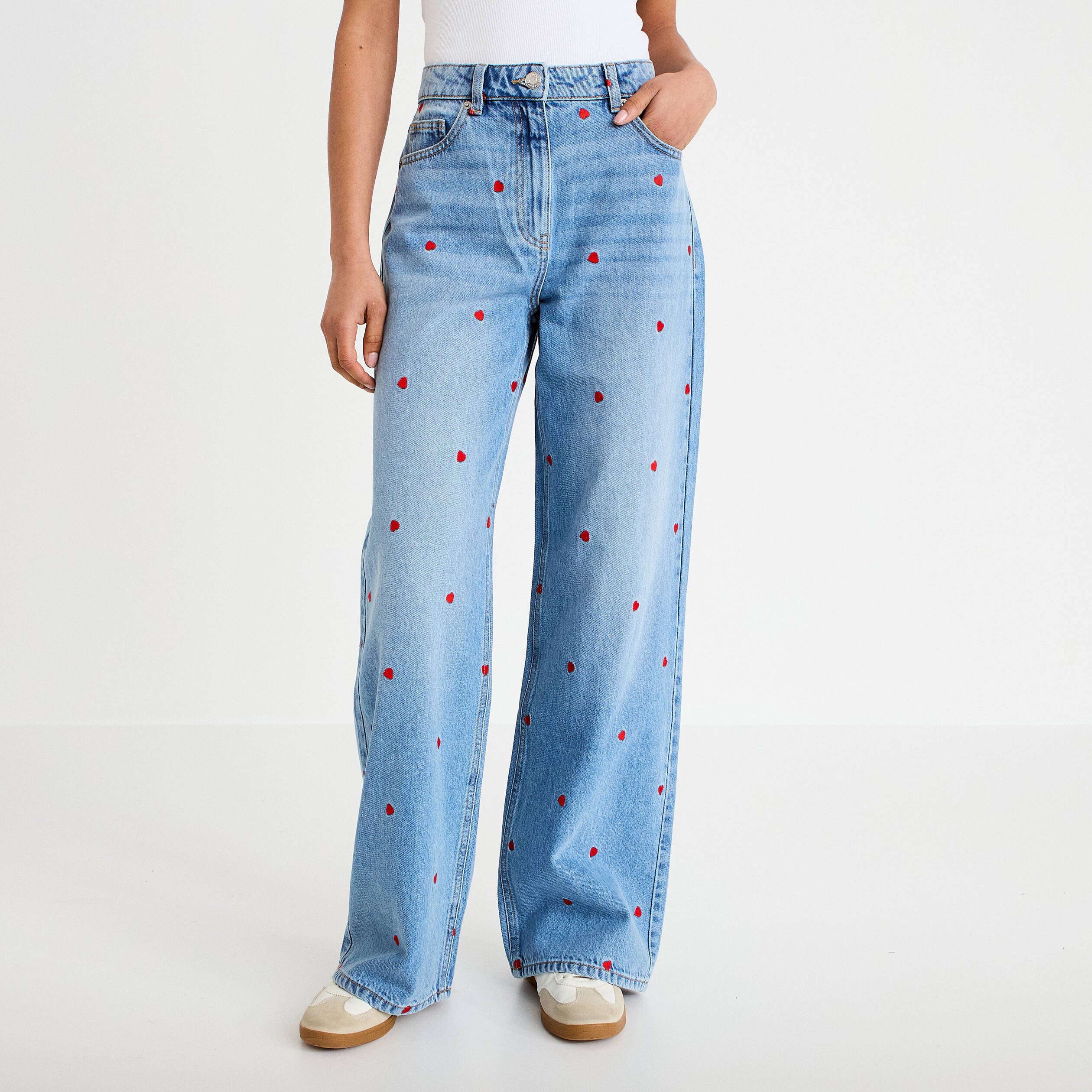 Jean wide leg taille haute brod&eacute; denim double stone femme