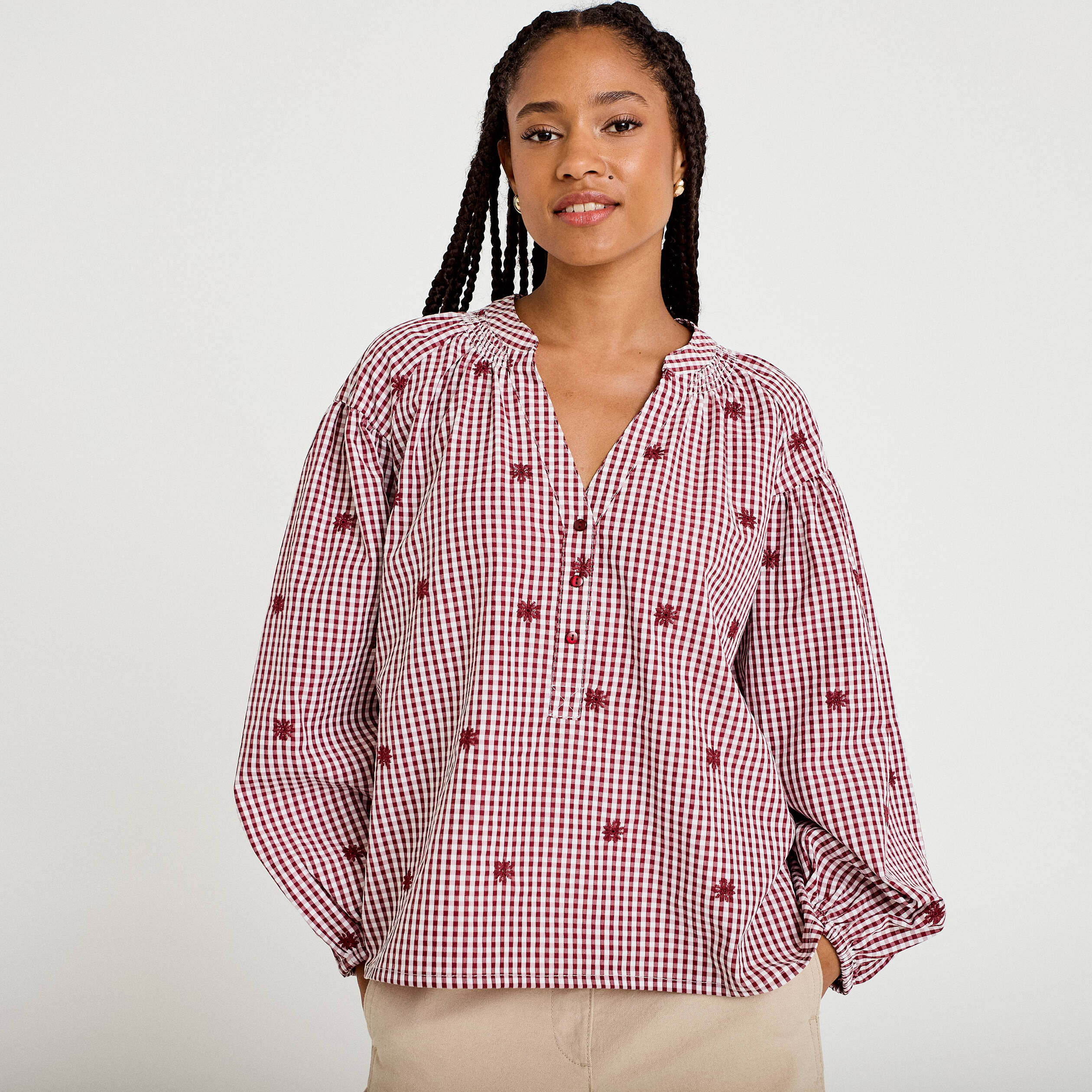 Blouse vichy brod&eacute;e rouge femme