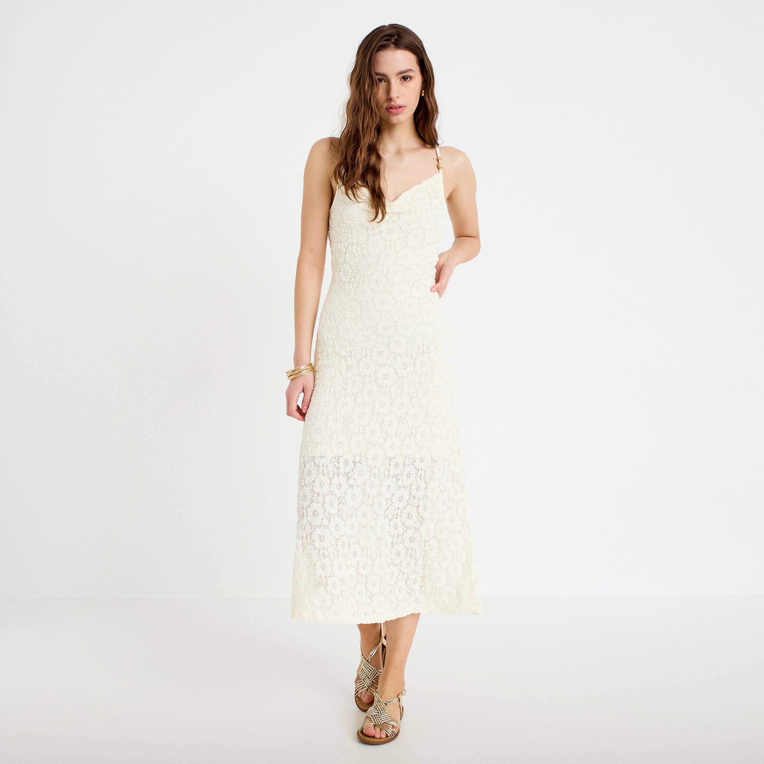 Robe longue droite en maille ecru femme