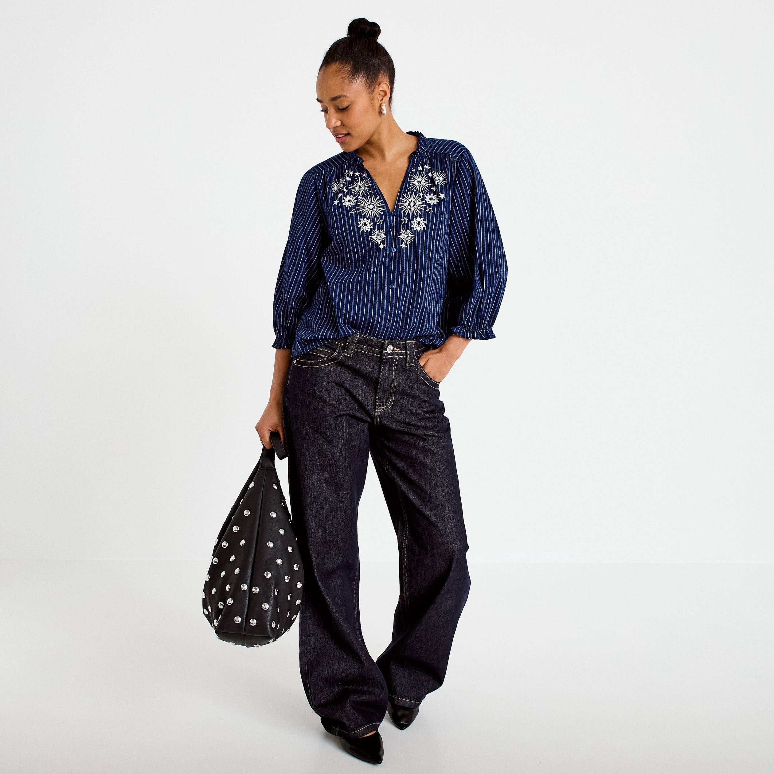 Blouse ample broderie manches 3/4 bleu femme
